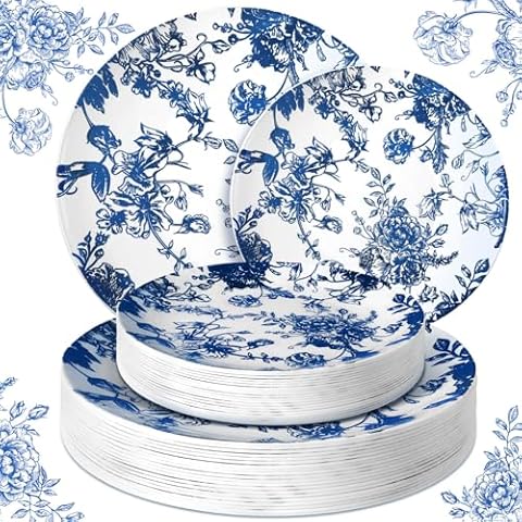 Suclain 60 Pcs Blue and White Floral Plastic Plates Wedding Party Decoration Bulk Serves as 30 9'' Dinner Plates 7'' Dessert Plates Disposable Plastic Plates for Bridal Shower Cover