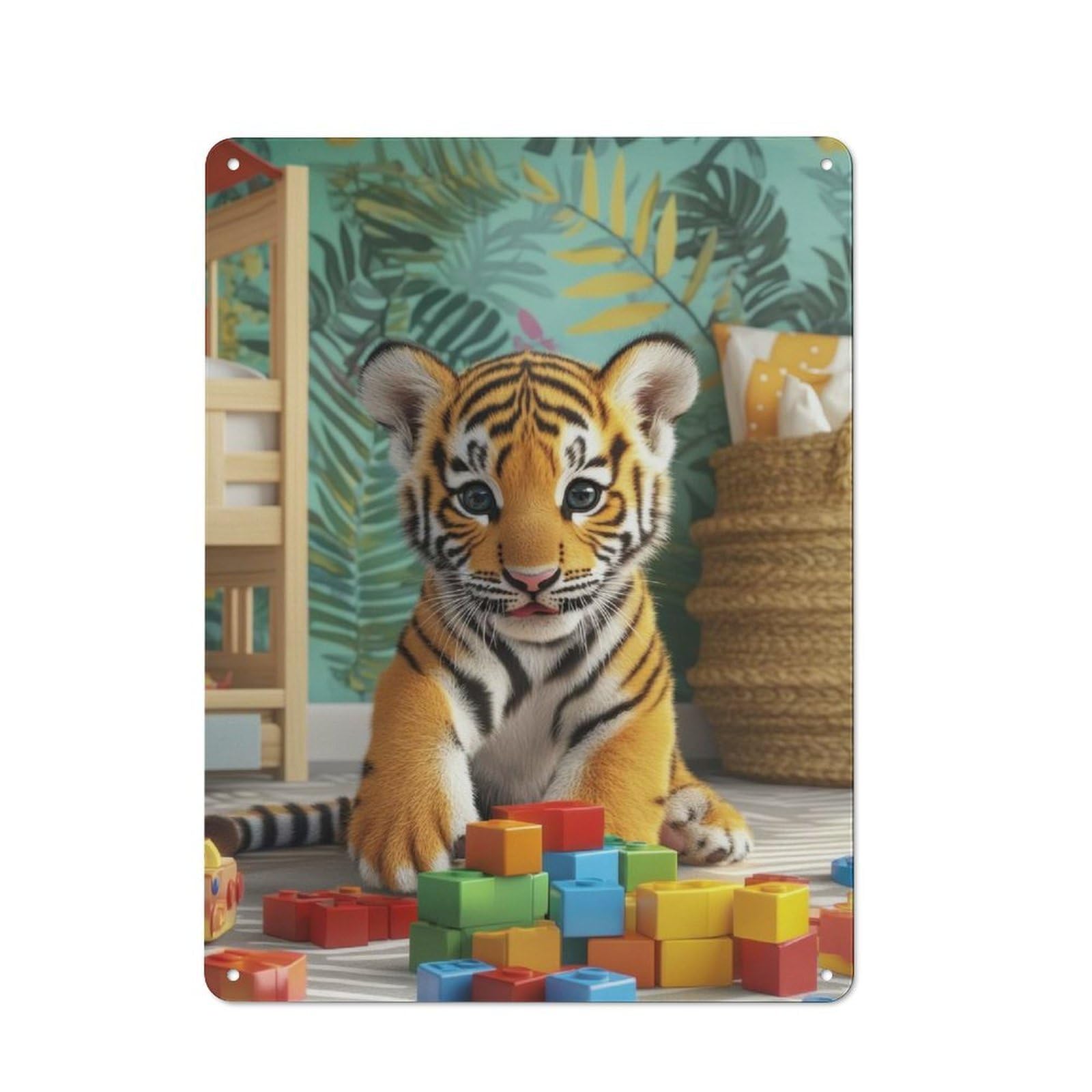 Cute Tiger Cub with Blocks Decorative Metal Wall Decor 40x30cm, Vintage Metal Sign for Hallway, Home Bar, Garage Or Study