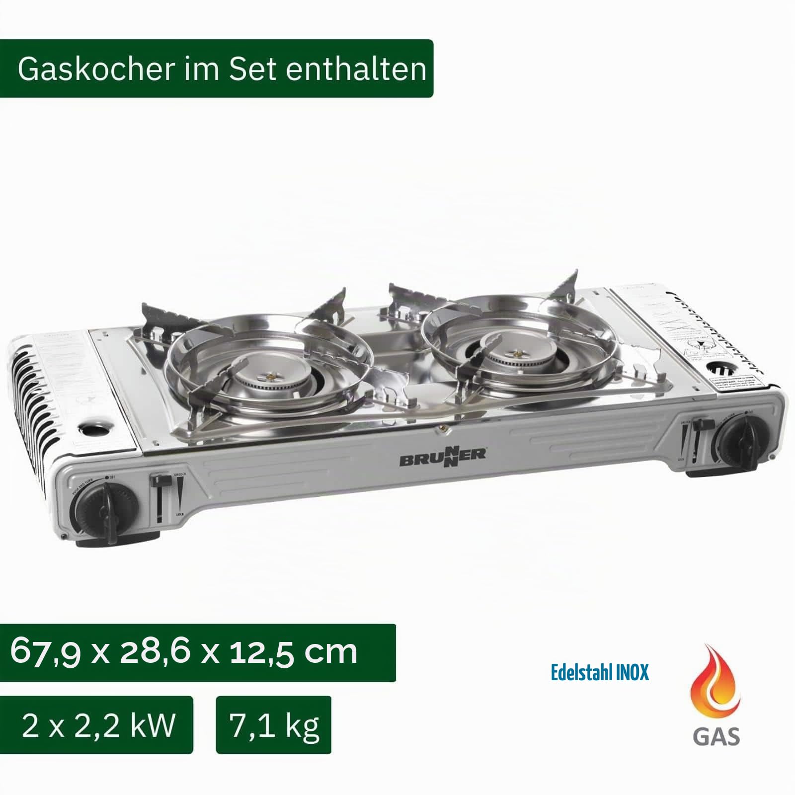 BRUNNER: 2-in-1 Tisch Camping-Kocher Zweiflammig Edelstahl Gasgrill & Gaskocher - DEVIL DOUBLE GRILL für Ventil-Kartuschen - für Camper-Van, Wohnwagen, Wohnmobil, Boot