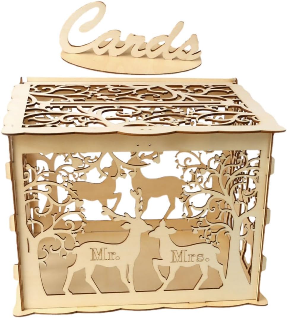 Wooden Wedding Greeting Cards Box Large DIY Wood Cards Case Box for Couples
