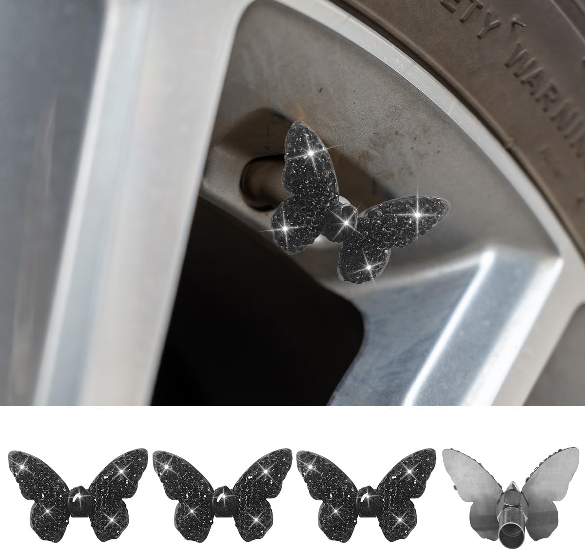 4PCS Bling Butterfly Car Tire Valve Stem Caps (Black)