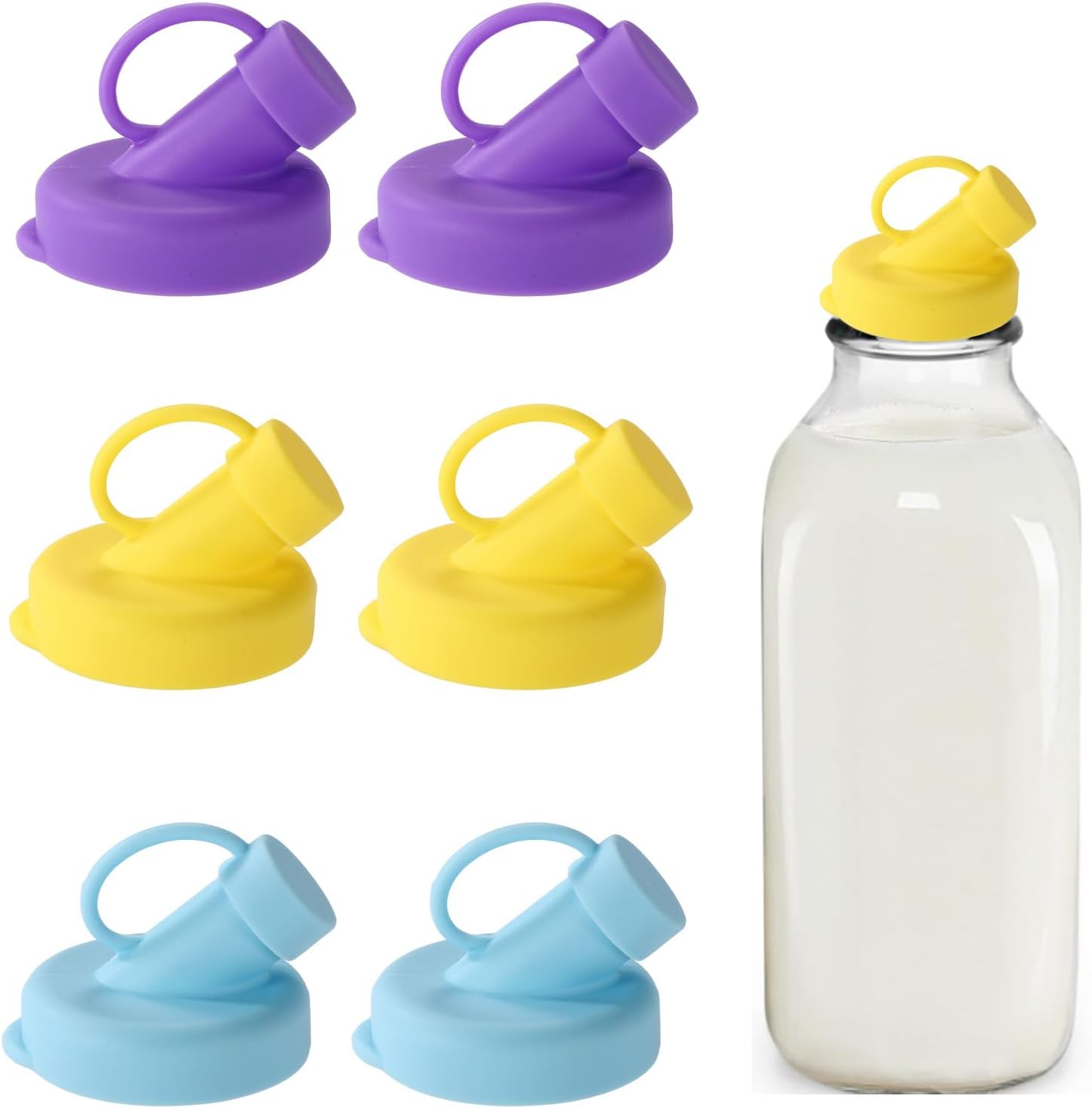 6pcs Milk Glass Bottles Lids, 48mm Diameter Silicone Bottle Lids for Stanpac & Libbey Milk Glass Bottles Accessories Reusable Airtight Bottle Dispenser Caps Dishwasher-Safe (Purple, Yellow, Blue)