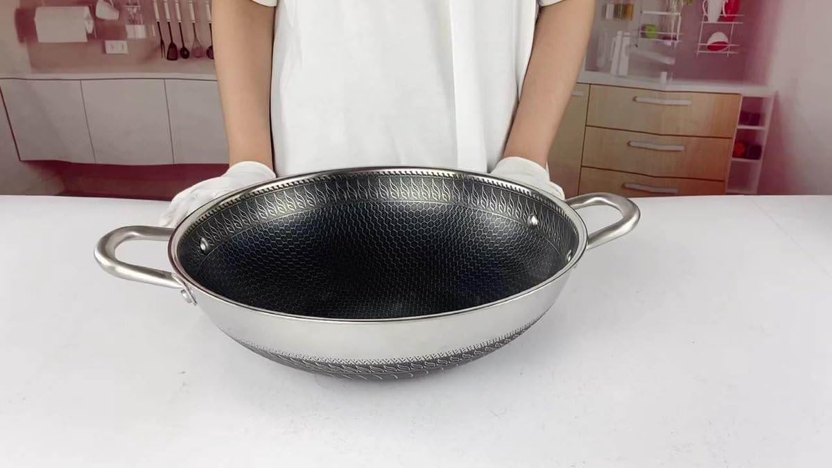 Cheffinger wokpan met honingraatstructuur, antiaanbaklaag, roestvrij staal, glazen deksel, geschikt voor inductie, vaatwasmachinebestendig, zilver, 32 cm diameter, 3 liter