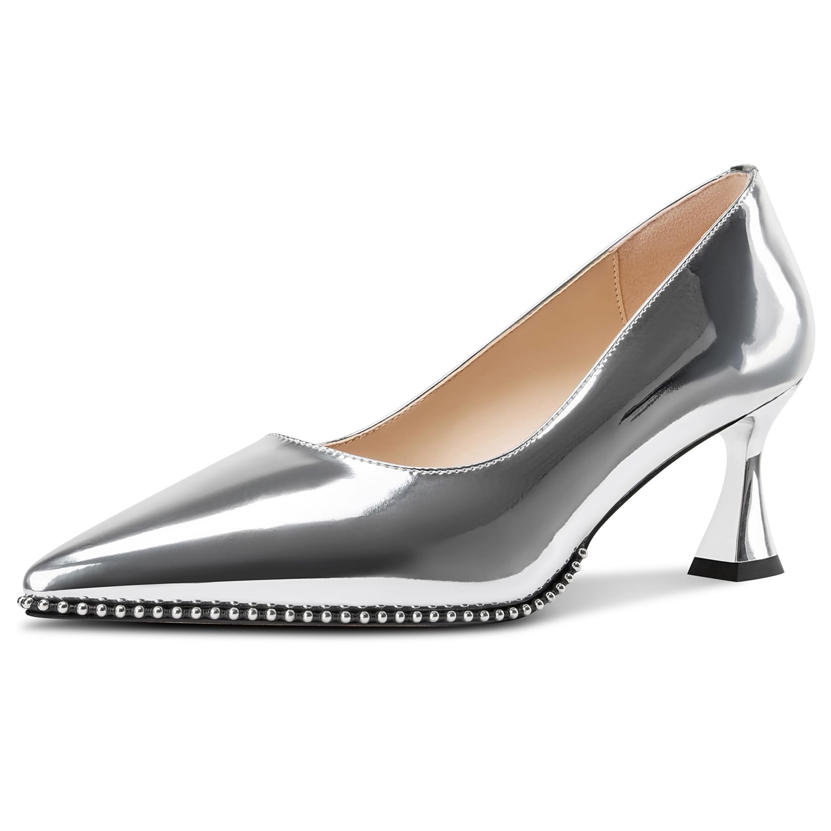 TNYNFBEB Womens Mid Kitten Heel Pointed Toe Pumps Slip-on Silver Beaded Prom Party Dress Patent Leather 2.6 Inches Heels