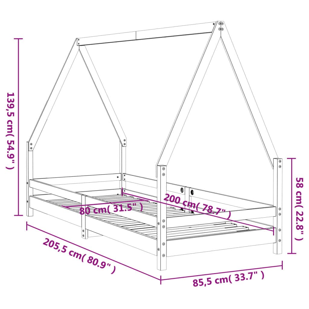 Łóżko dziecięce 80 x 200 cm z litego drewna sosnowego z konstrukcją łóżka, niskie wejście, stabilne listwy, odpowiednie dla dzieci od 4 lat, łącznie z miejscem do przechowywania, bezpieczne
