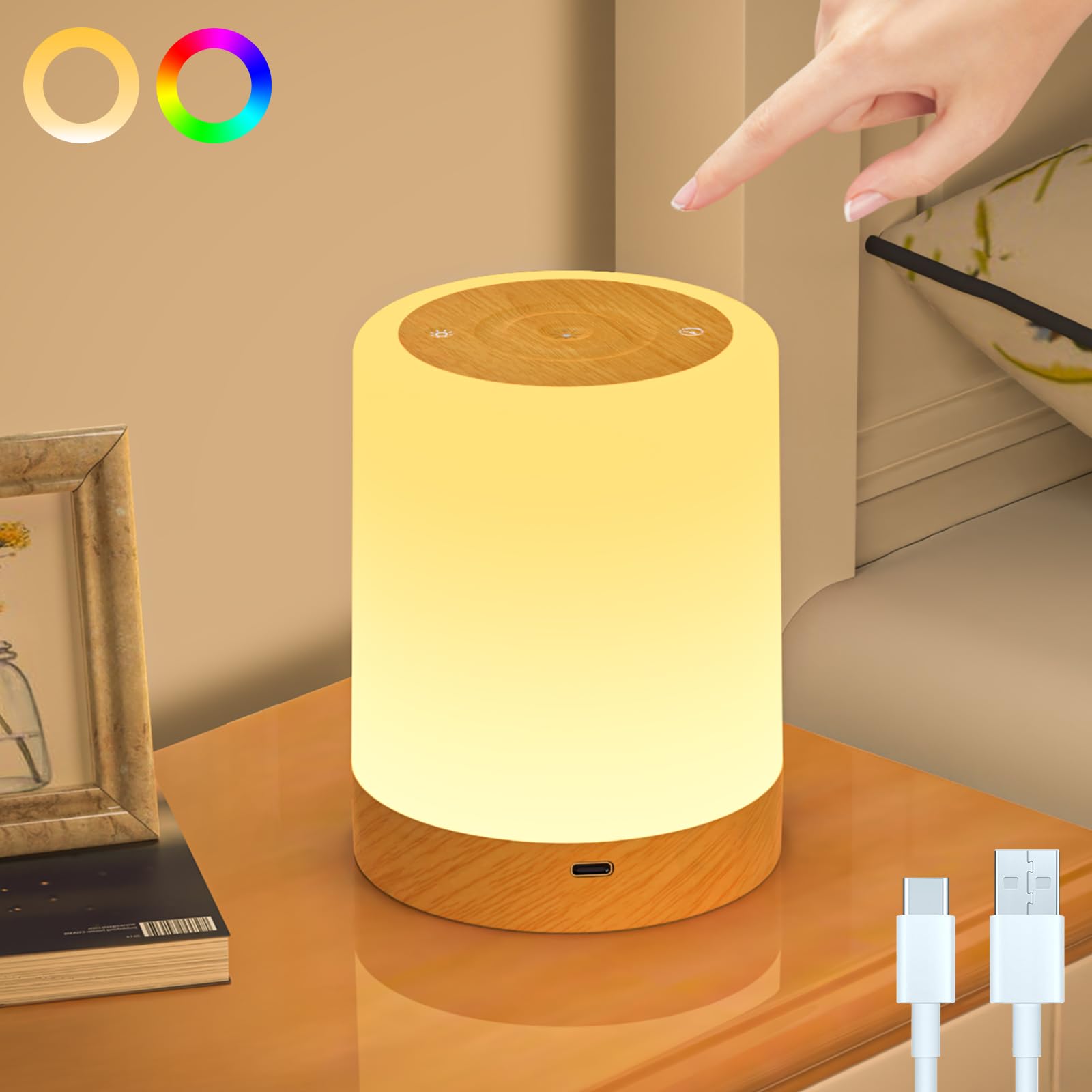 TRUMPETS Lámpara de Mesa LED Control Táctil RGB y Blanco Cálido USB Recargable, Luz Nocturna 256 Colores con Timer Sin Cables Ideal para Niños Habitación Cámping Bebé Dormir (TIPO 2)