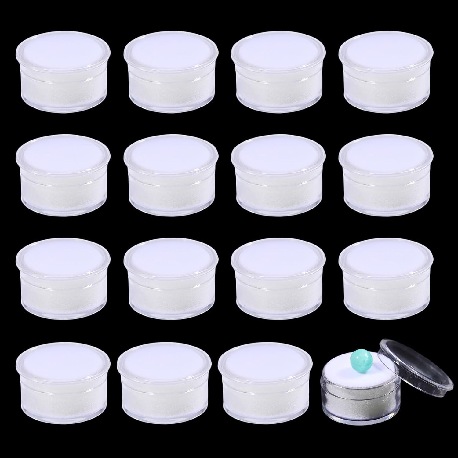 CHGCRAFT 50 Pcs Mini Round Stone Box Small Loose Diamond Gemstone Display Case with Clear Top Lids and Sponge, White, 1.2×0.7 Inch