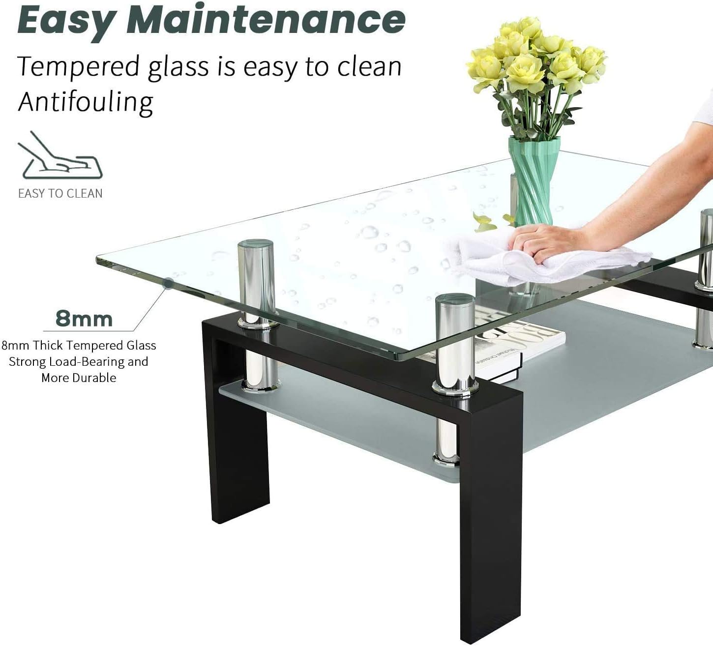 DKLGG Rectangle Glass Coffee Table-Modern Center Side Coffee Table with Lower Shelf Black Metal Legs-Suit for Living Room (Black)