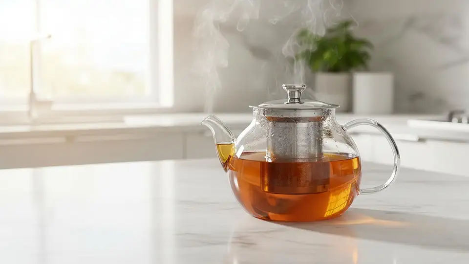 Chaleira de Vidro Borossilicato com Infusor e Tampa em Inox, 900ml, Vai no Fogão, Transparente, Bule para Café ou Chá