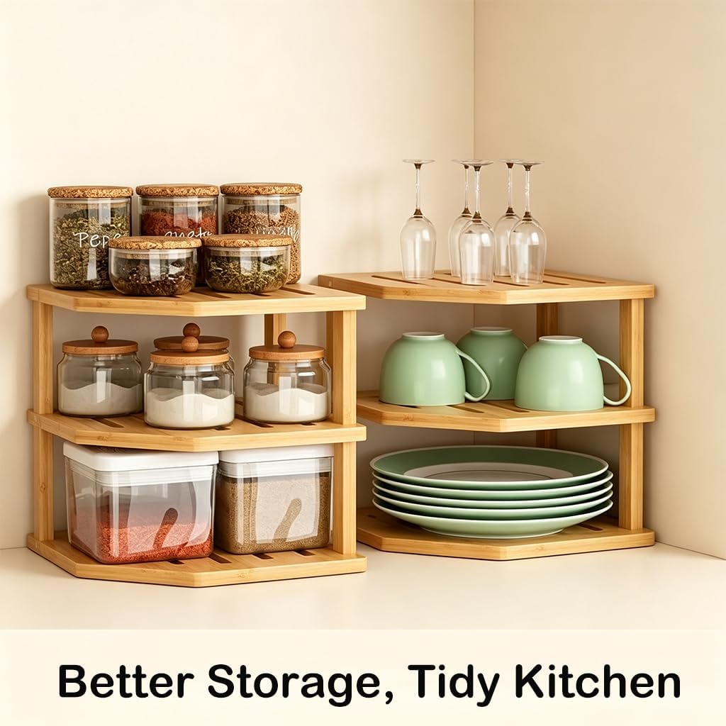 3-Tier Bamboo Corner Shelf for Countertop, Plate Rack for Cabinet