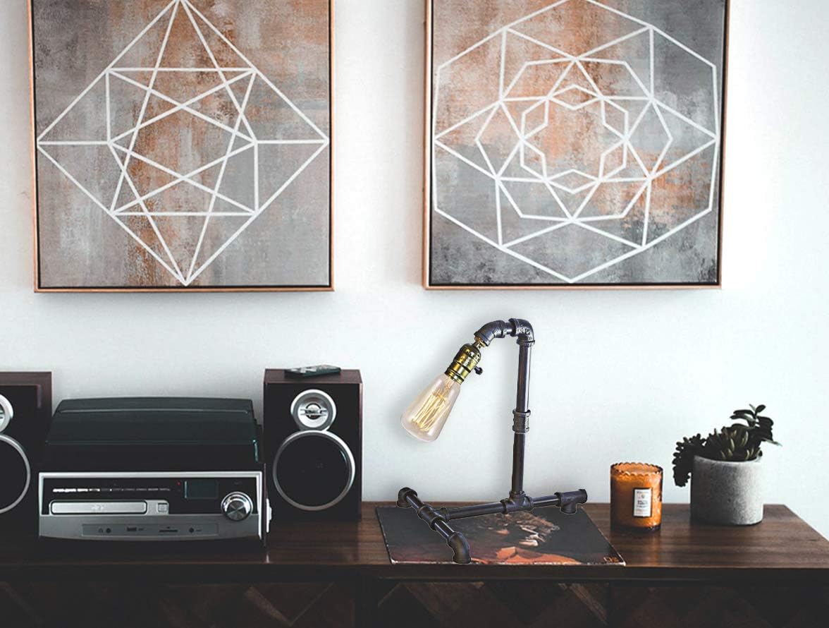 SH Lighting Steampunk Industrial Pipe Style Table Desk Lamp - Includes Modern Edison Bulb - 16" Great for Rustic Style Rooms or Bedrooms - Black