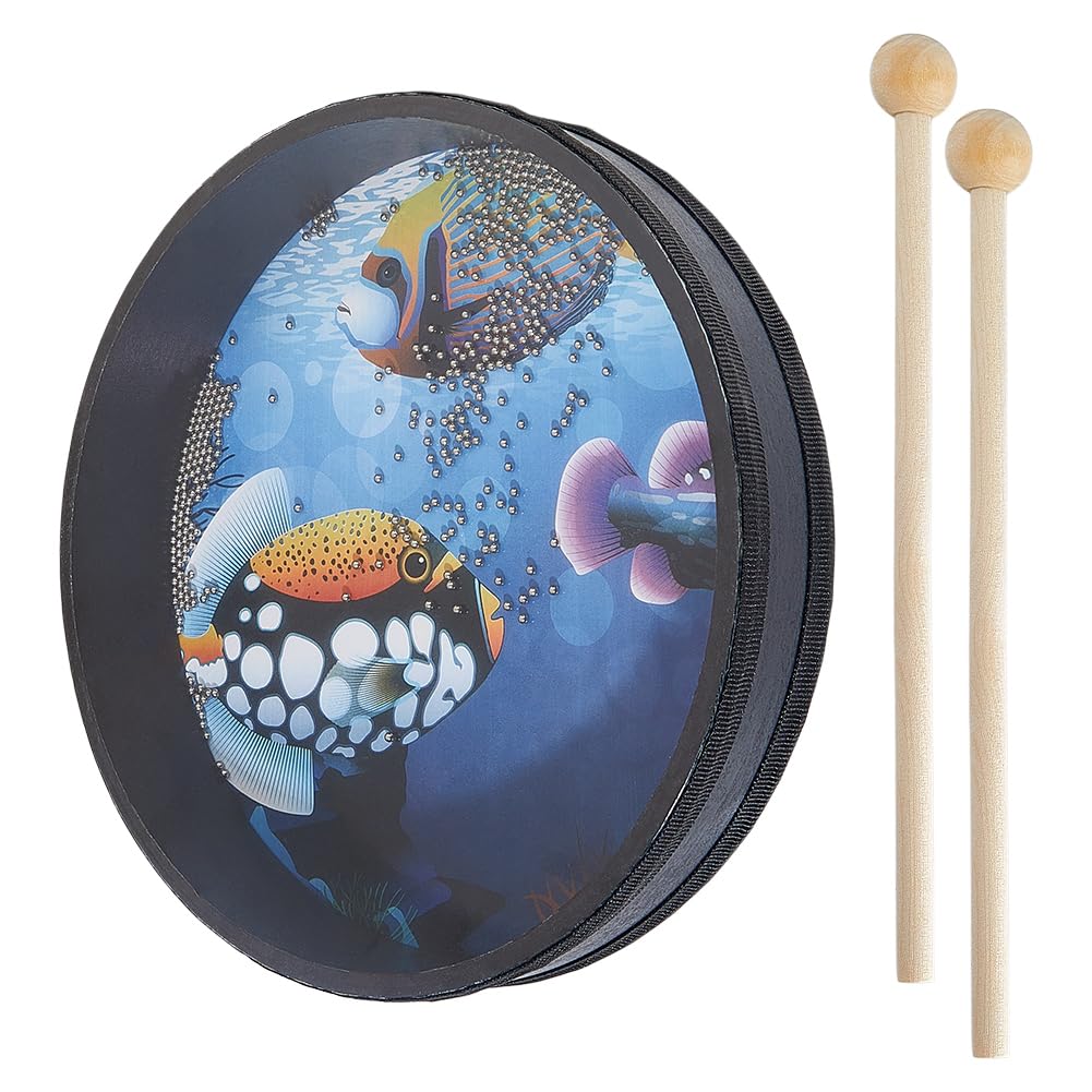 OLYCRAFT 1 Pcs Ocean Drums with 2 Pcs Wood Drumstick Wave Bead Drums With Fish Pattern 25.5cm Sea Sound Drum with Wave Beads Sea Sound Musical Percussion Instrument for Home Supplies