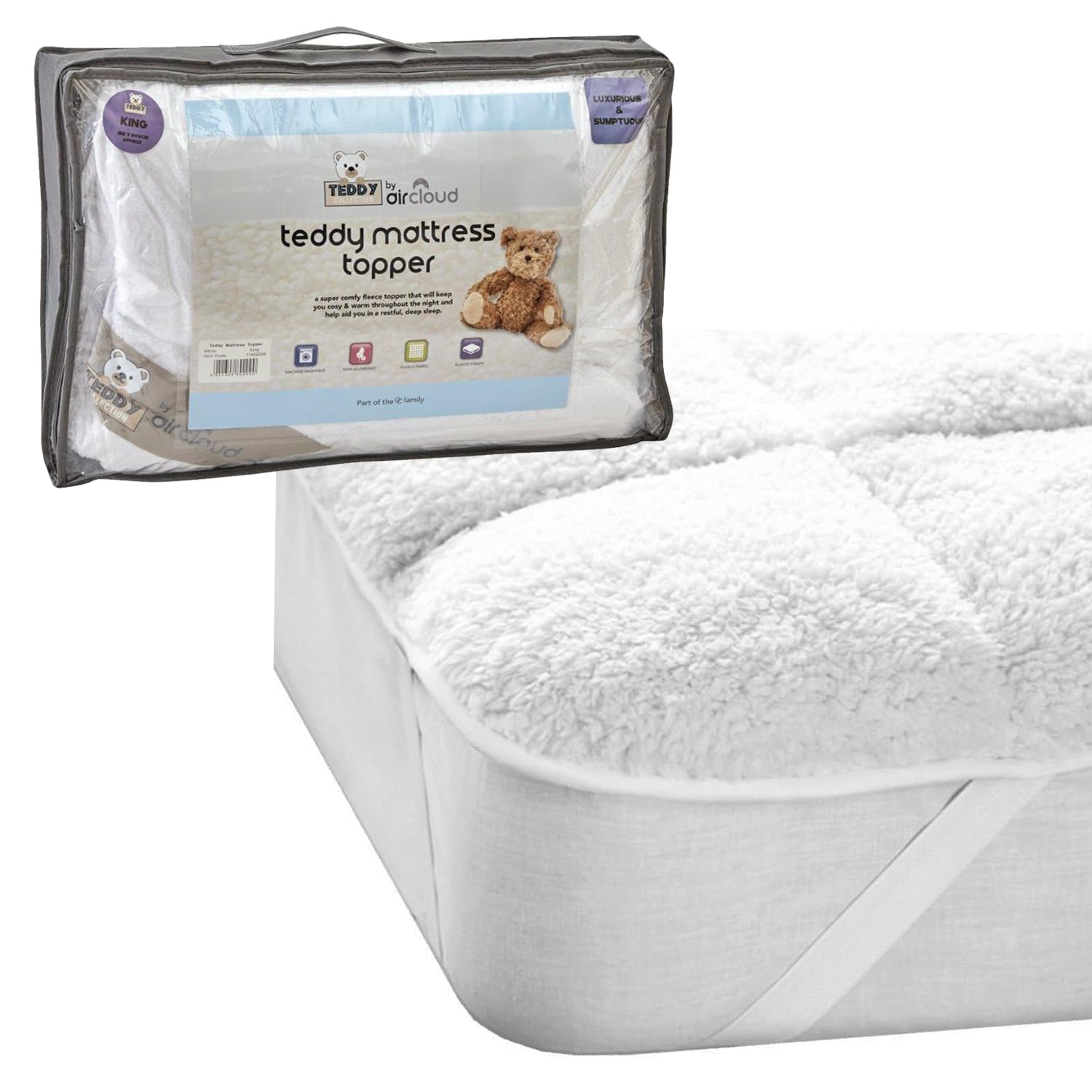 Luxury Super Soft Sherpa Fleece Teddy Mattress Topper - Thermal Bed Protector 3cm Thick Enhancers, Fluffy Stitch Elastic Corner Straps 2Inch Deep Fitted Toppers Warm Cosy White Sheet (4Ft Double)