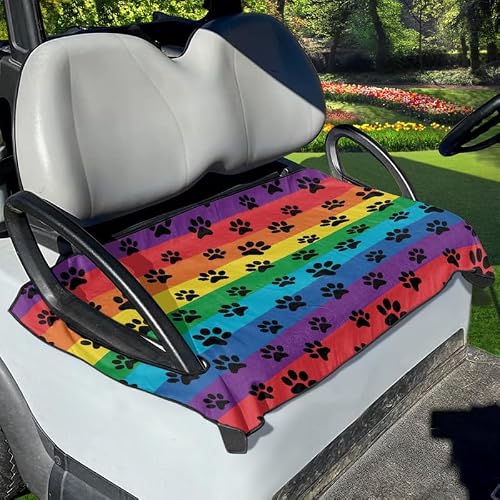 Jndtueit Dog Paw Golf Cart Seat Cover 2-Seat, Rainbow Stripes Golf Cart Accessories for Summer, Black Puppy Footprint Easy to Clean and Install Washable