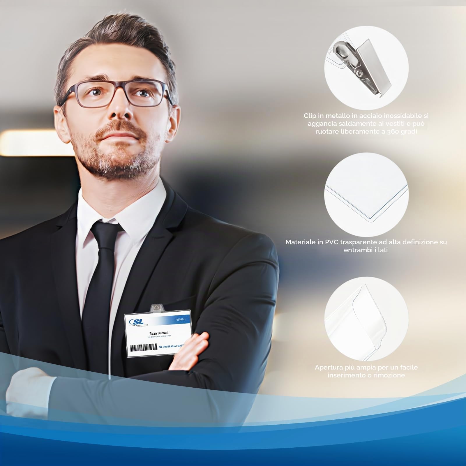 Porta badge in plastica trasparente 40 pezzi con clip 5,7 x 8,9 cm