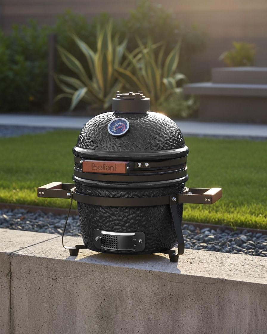 Ogrodowy mini grill węglowy ceramiczny przenośny z pokrywą termometerem rusztem czarny Kamado