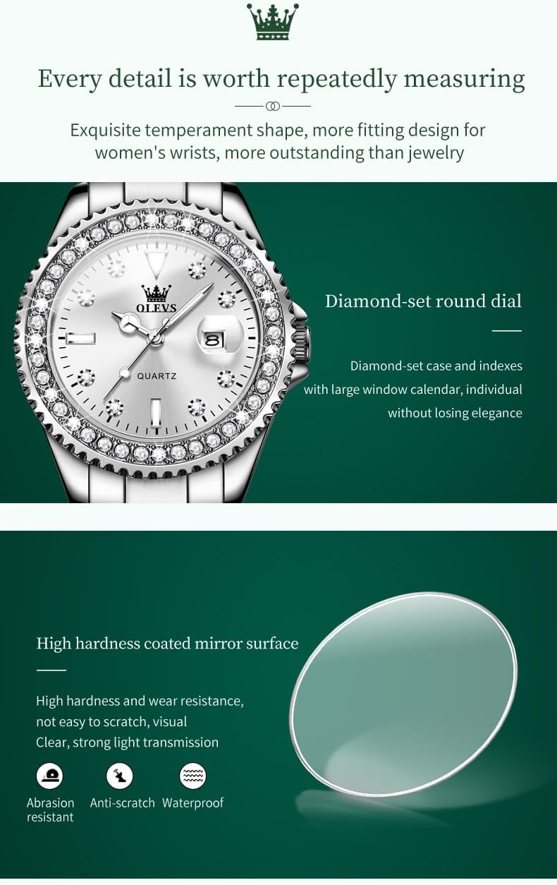OLEVS Ladies Watch Diamond Dress Quartz Analog Female Watches Stainless Steel Two Tone Waterproof Luminous Day Date for Womens Wrist Watch Gift - Image 5