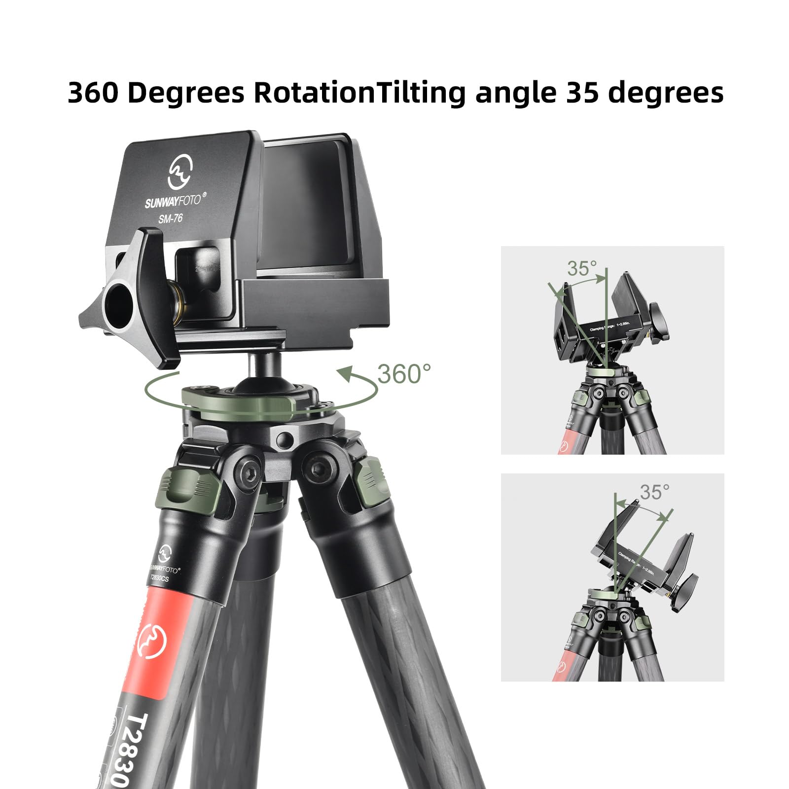 SUNWAYFOTO Trépied de chasse T2830CS-M en fibre de carbone pour fusil, avec tête sphérique et support de selle, charge 20 kg.