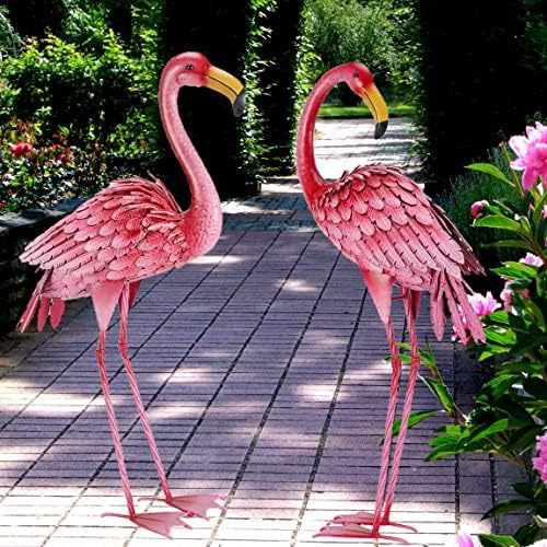 Ratuor Flamingo Garden Statue, Outdoor Statues, Pink Flamingo Sculpture, Patio, Lawn, Backyard Decorations, Decor for Outside, Metal Yard Art, Set of 2