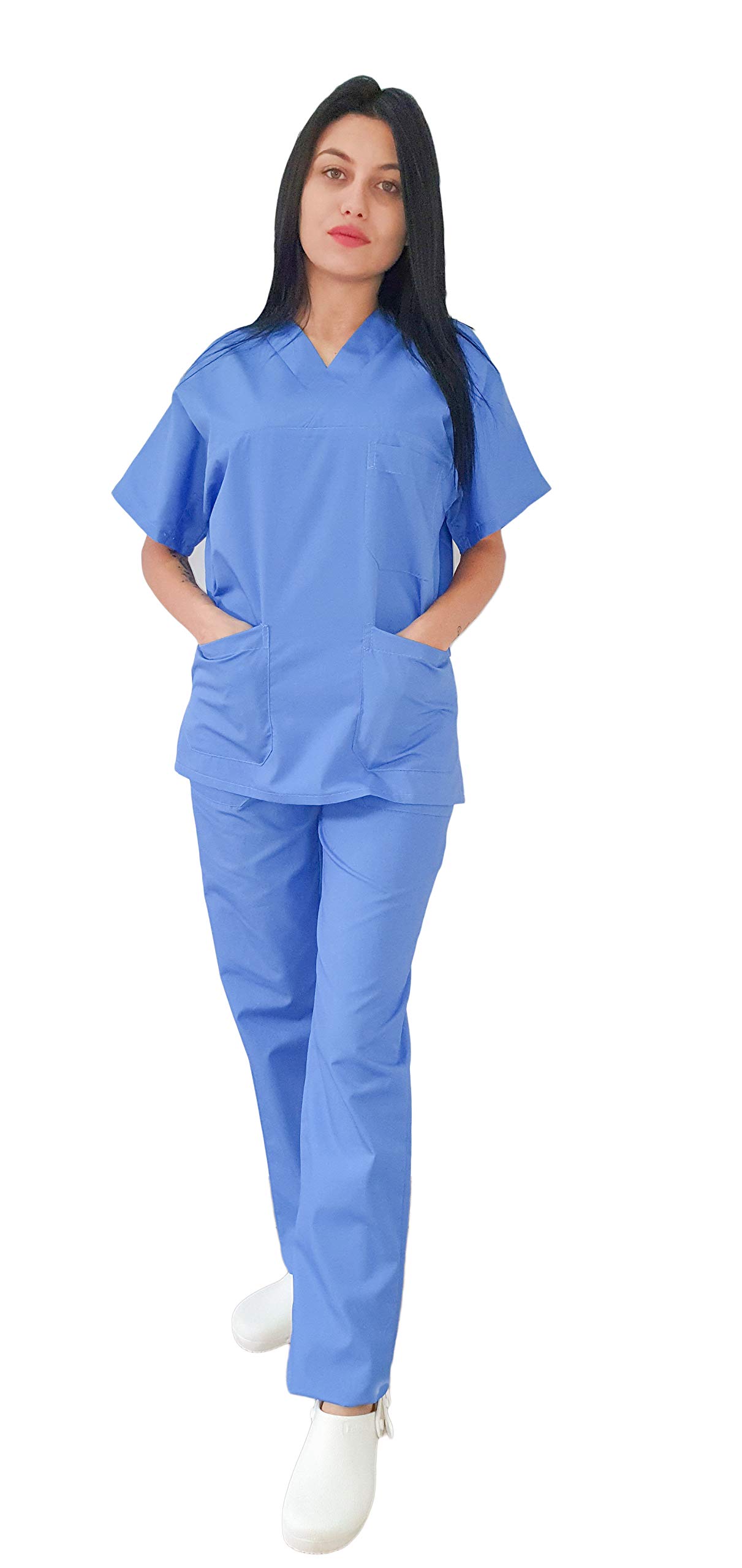 Tecno Hospital - Chaqueta hospitalaria - Ideal para Operadores Sanitarios, estéticas, enfermeras, médicos, para personal de laboratorio, etc - Casaca con escote en V - Unisex azul claro 6XL