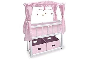 Badger Basket Toy Doll Bed with Storage Baskets, Gingham Bedding, and Musical...