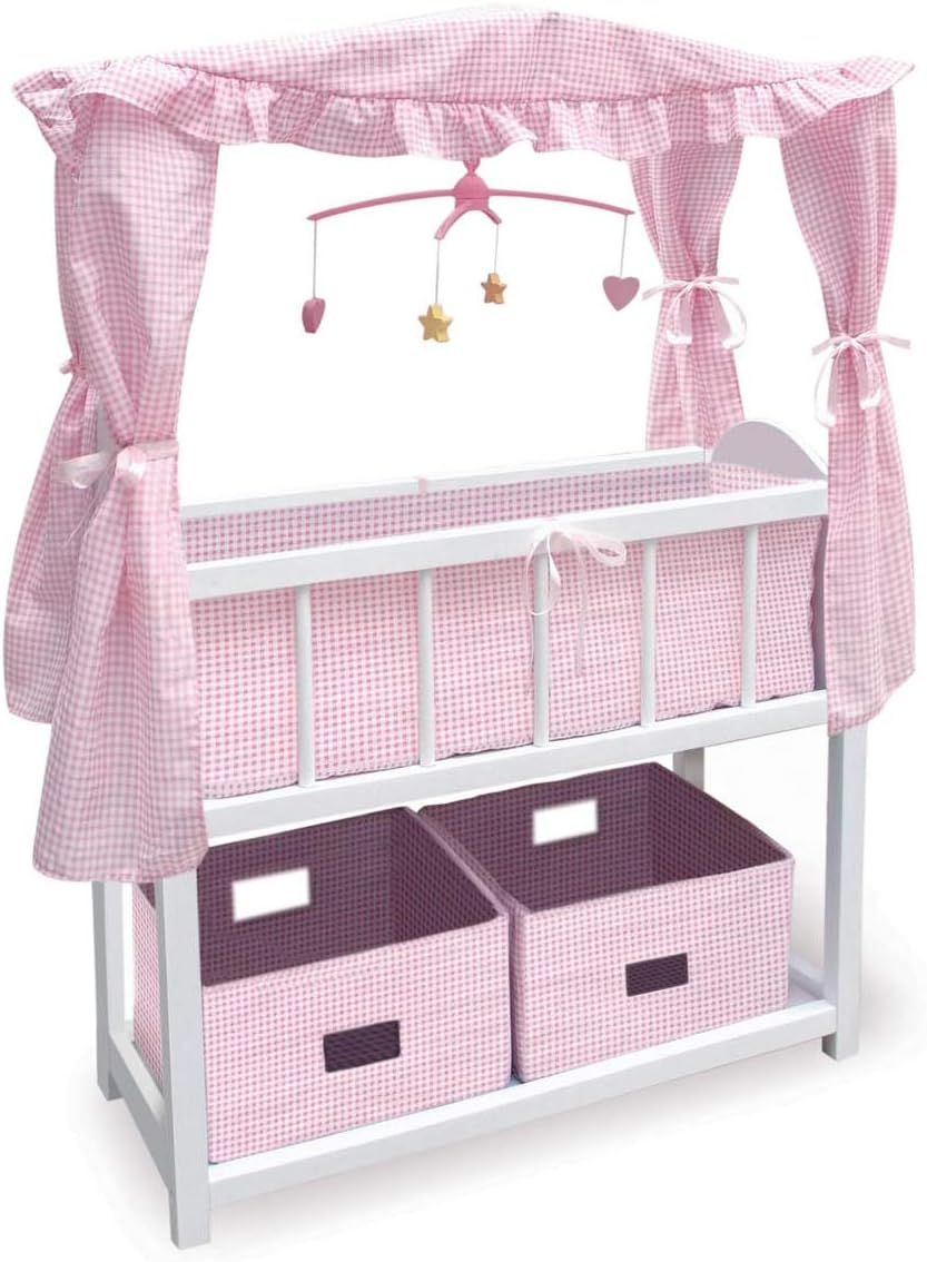 Badger Basket Doll Bed with Bedding, Storage Baskets, and Mobile – Fits Dolls up to 22 inches – Classic Nursery Design for Dolls and Accessories