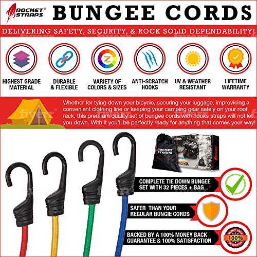 Rocket Straps Bungee Cords | (36) Pack Premium Heavy Duty Outdoor Bungee Cord Assortment With J Hooks | Bungee Balls - Tarp Clip - Tie Downs, And Bag Included #TOP3