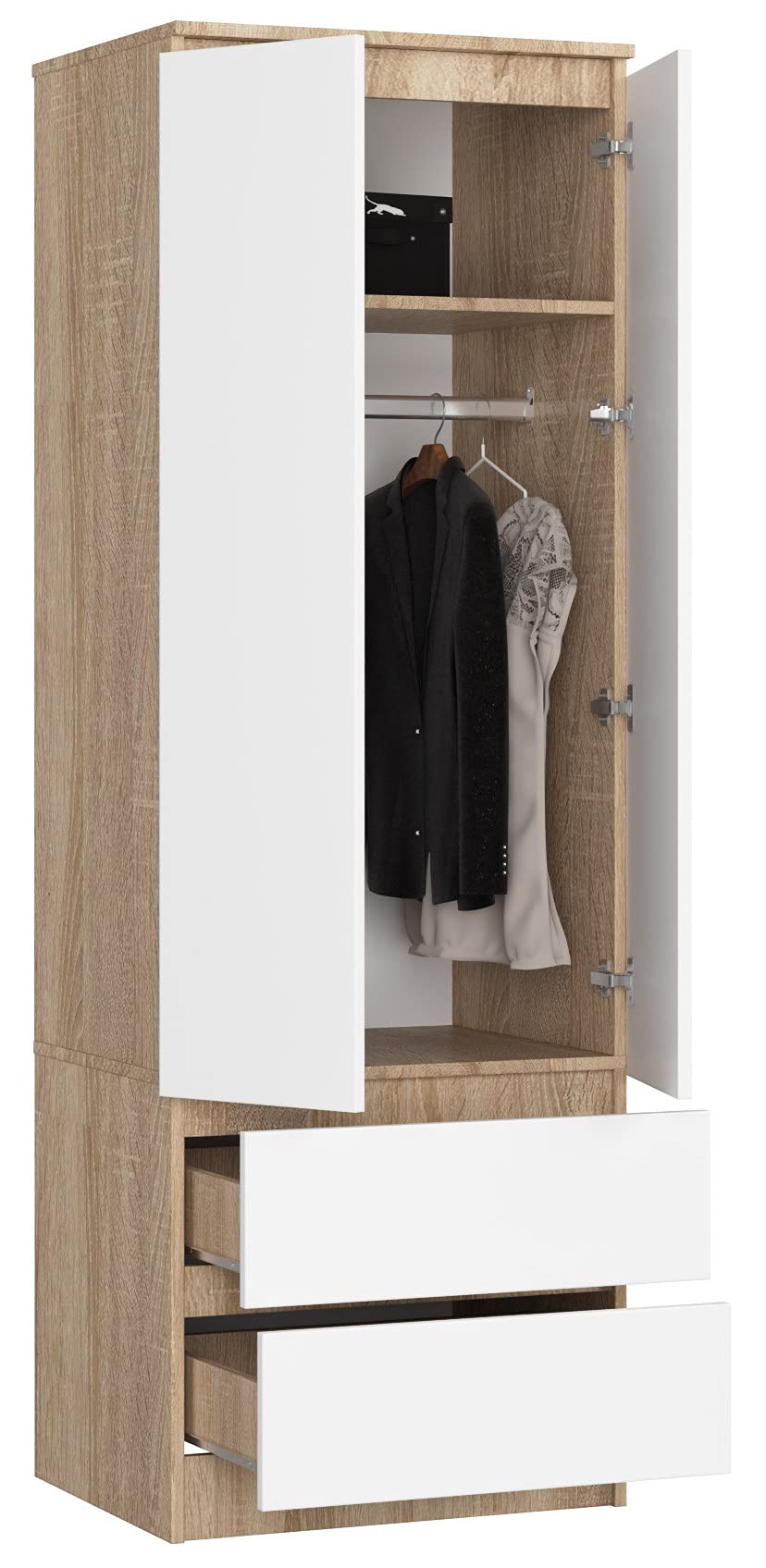 3xE Living Kleiderschrank mit 2 Turen und 2 Schubladen (B:60cm / H:180cm / T:51cm) in Sonoma Eiche & Weiß