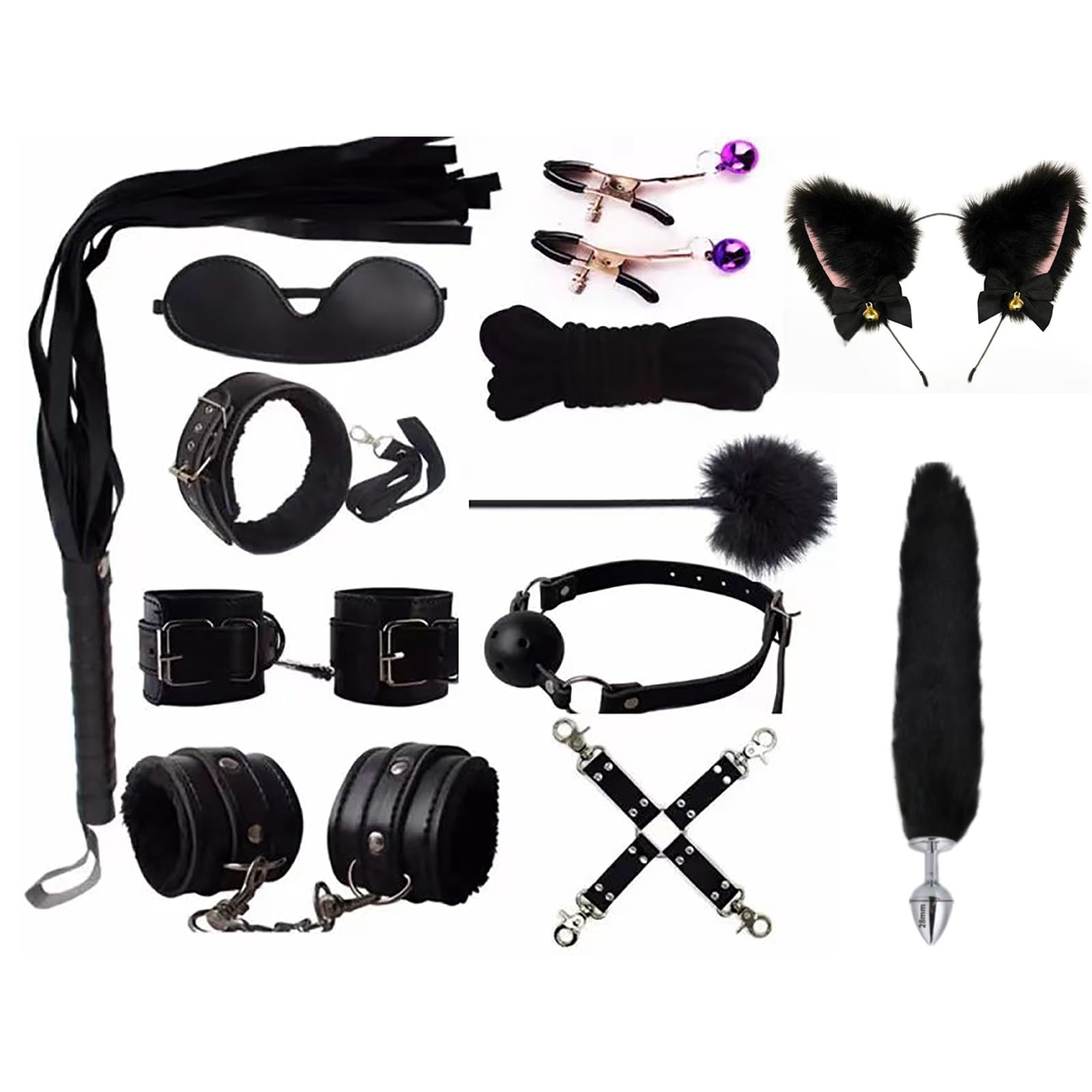 Amazon.com: BDSM Kit Toys 12Pcs Sex Bondage Restraints Butt Plug Tail  Nipple Clamps Blindfold Handcuffs Collar Paddle Anal Butt Plug Cat Ears Sex  Toys for Couple Black : Health & Household