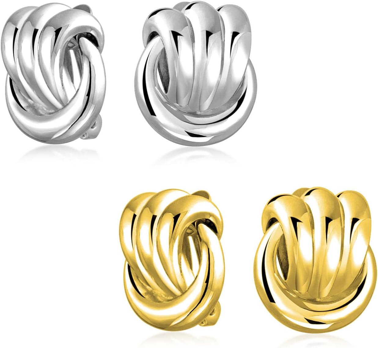 Set of Two Fashion Rope Cable Knocker Love Knot Work Clip On Earrings For Women Non Pierced Ears Polished Silver Gold Tone Plated Brass