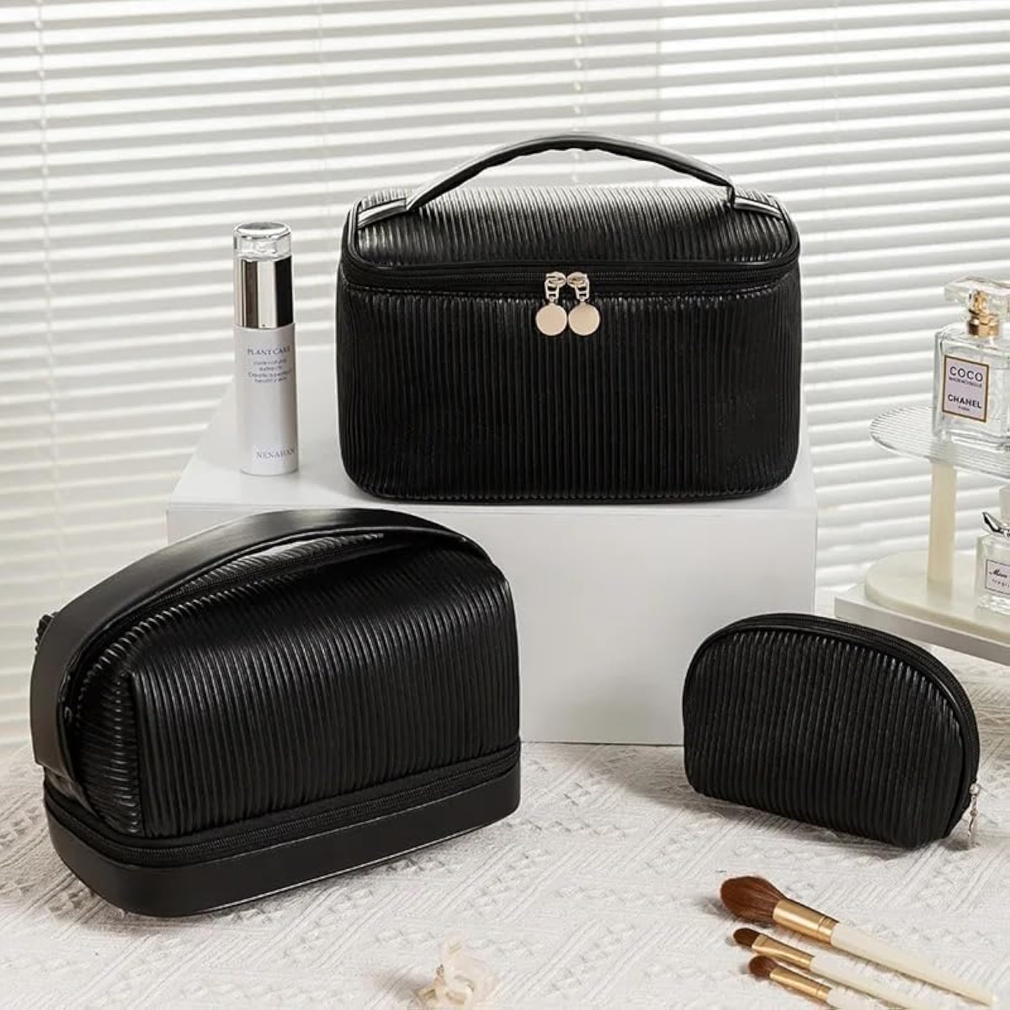 PU Leather Cosmetic Vanity Bag with Makeup Brush Holder