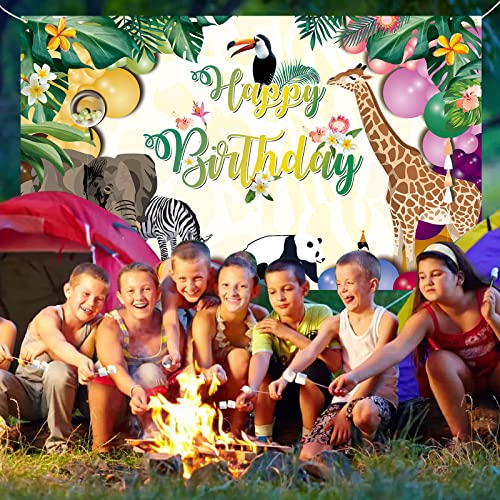 Image of Happy Birthday Banner for Jungle Safari Theme Party Decorations, Fabric Animal Zoo Backdrop Tropical Forest Poster for Boys Girls Wall Supplies, 185*110cm