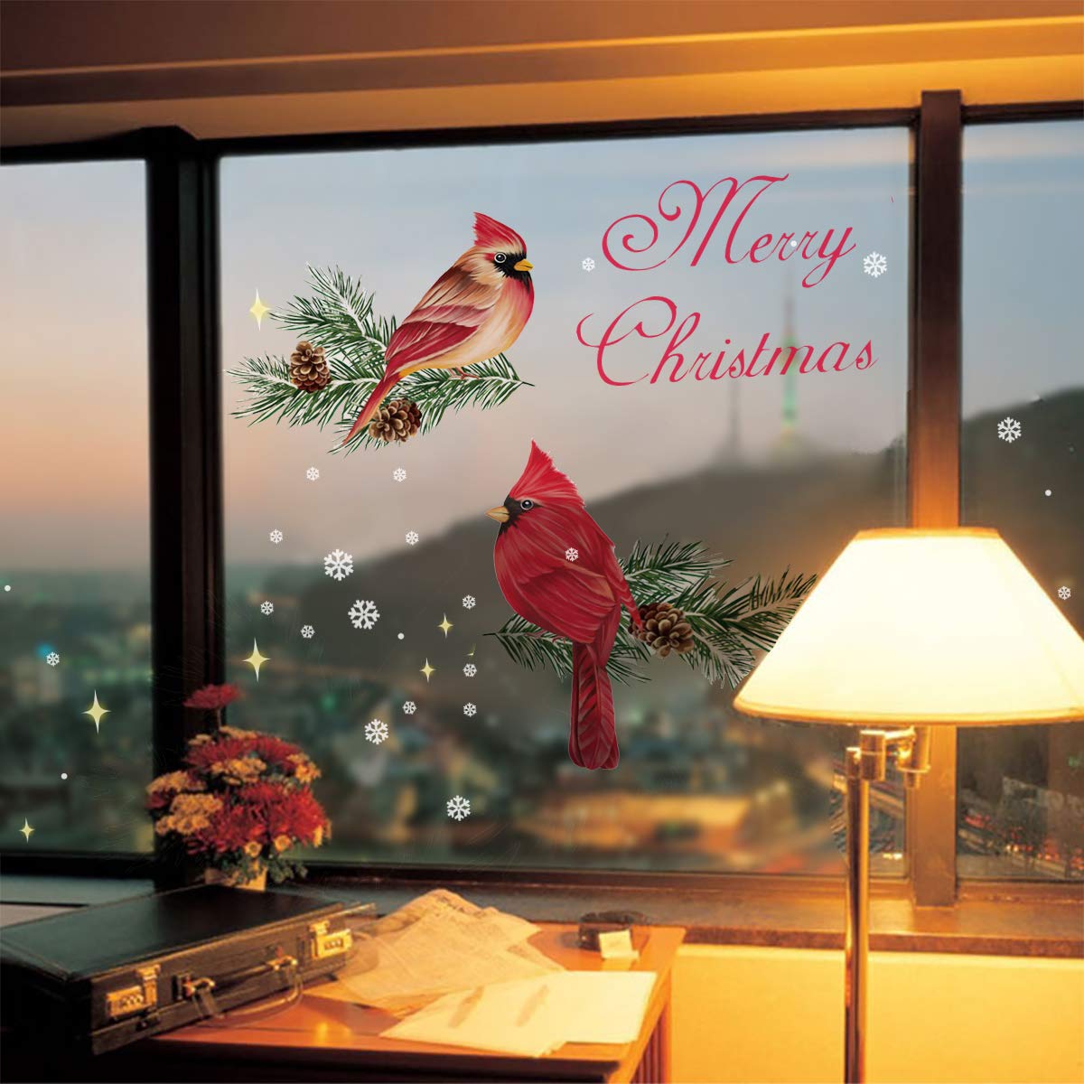 ufengke Adesivi Natale Cardinale Pigne Vetrofanie Adesivi Muro Uccelli Fiocchi di Neve per Vetrina Negozio Feste Supplies Tema Natalizio Decorazione