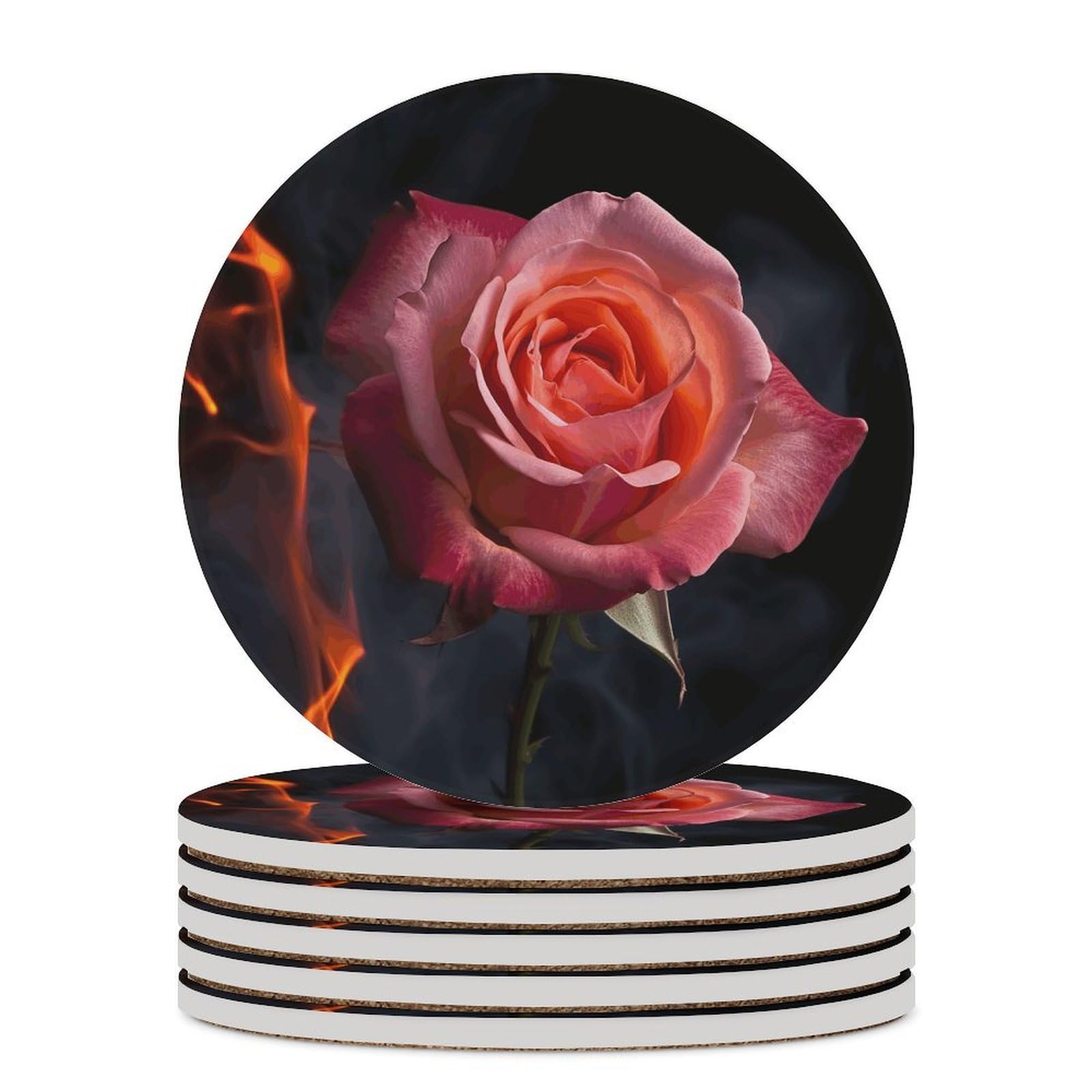 Rose4 Drink Coasters with Holder for Coffee Table,Ceramic Coaster with Cork Base,Ceramic Stone Coaster for Iced Cold Or Hot Drinks,4.1 Inches