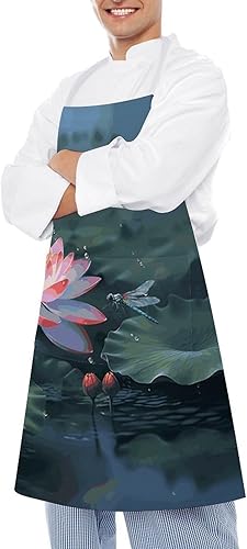 Miniatura 4 de MUSM Lotus Flower And Dragonfly ApronClassic Vintage Funny with Pockets Aprons,Adjustable Bib Waterdrop Resistant for Kitchen Cooking Restaurant BBQ