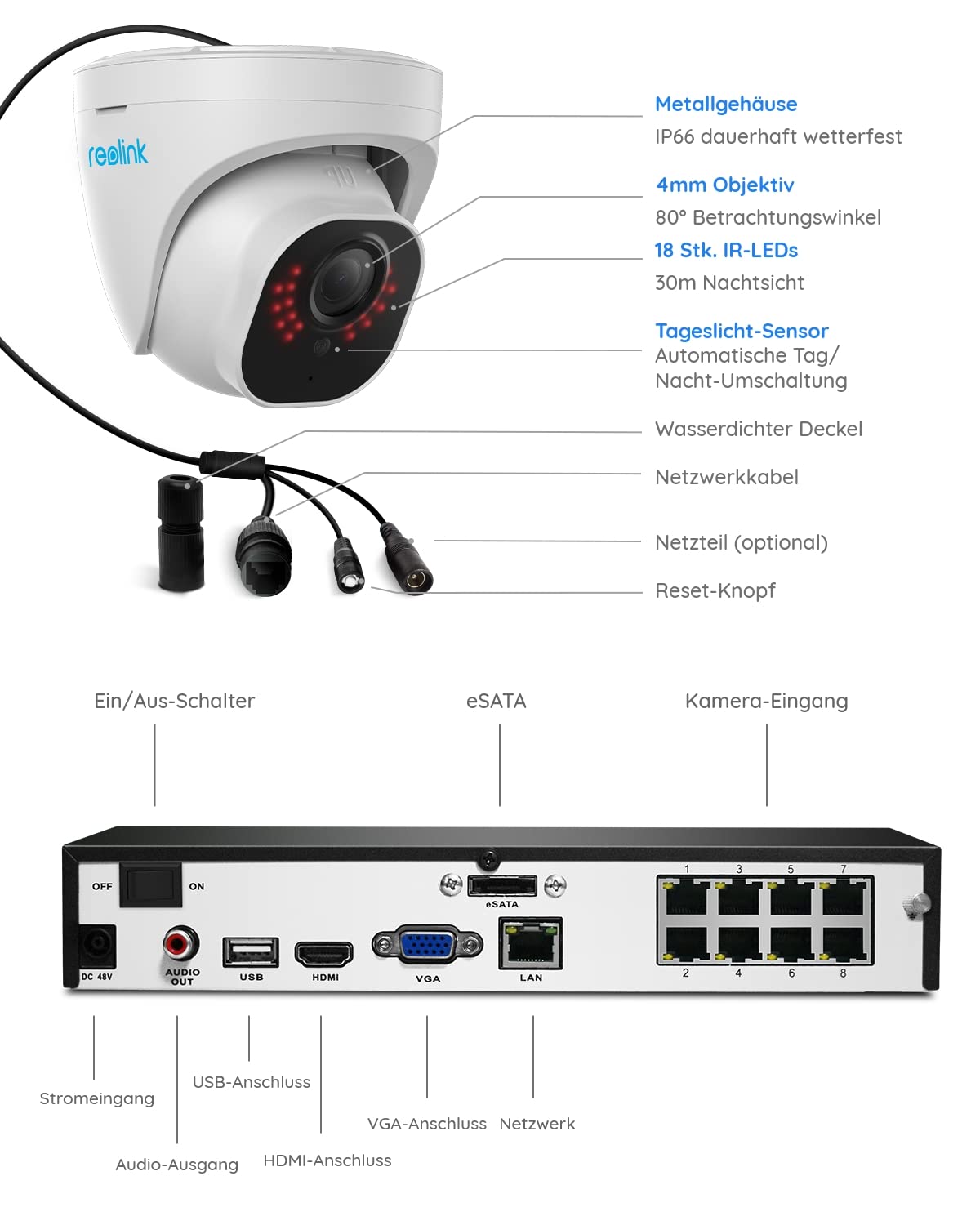 Reolink 5MP Überwachungskamera Set Outdoor, 4X 5MP PoE IP Dome Kamera Überwachung Aussen und 8CH 2TB HDD NVR für 24/7 Videoüberwachung, Personen-/Fahrzeugerkennung, Nachtsicht, RLK8-520D4-5MP