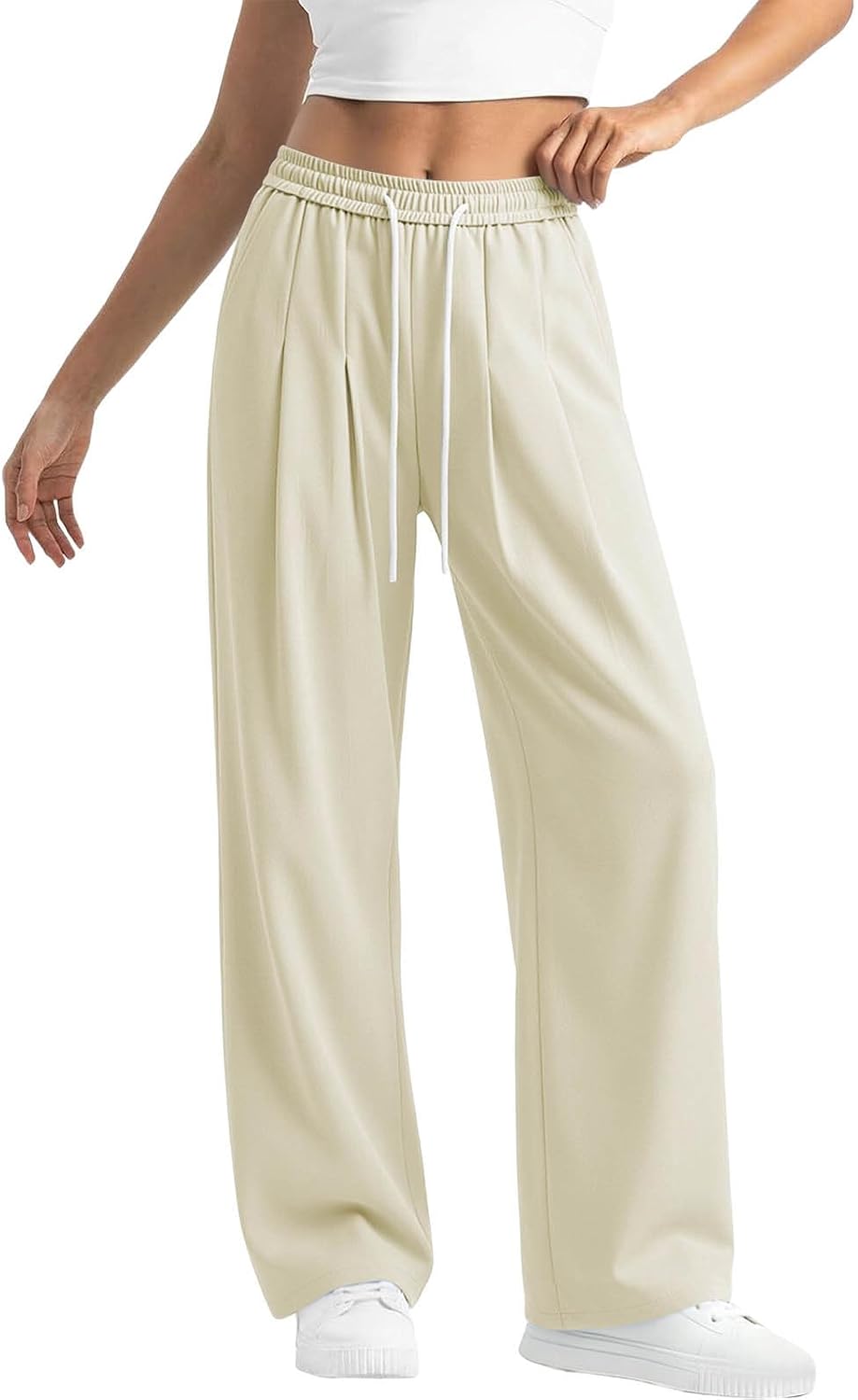 Womens Wide Leg Sweatpants Baggy Pants with Pockets Fashion Outfits Cotton Drawstring Pleated Athletic Joggers