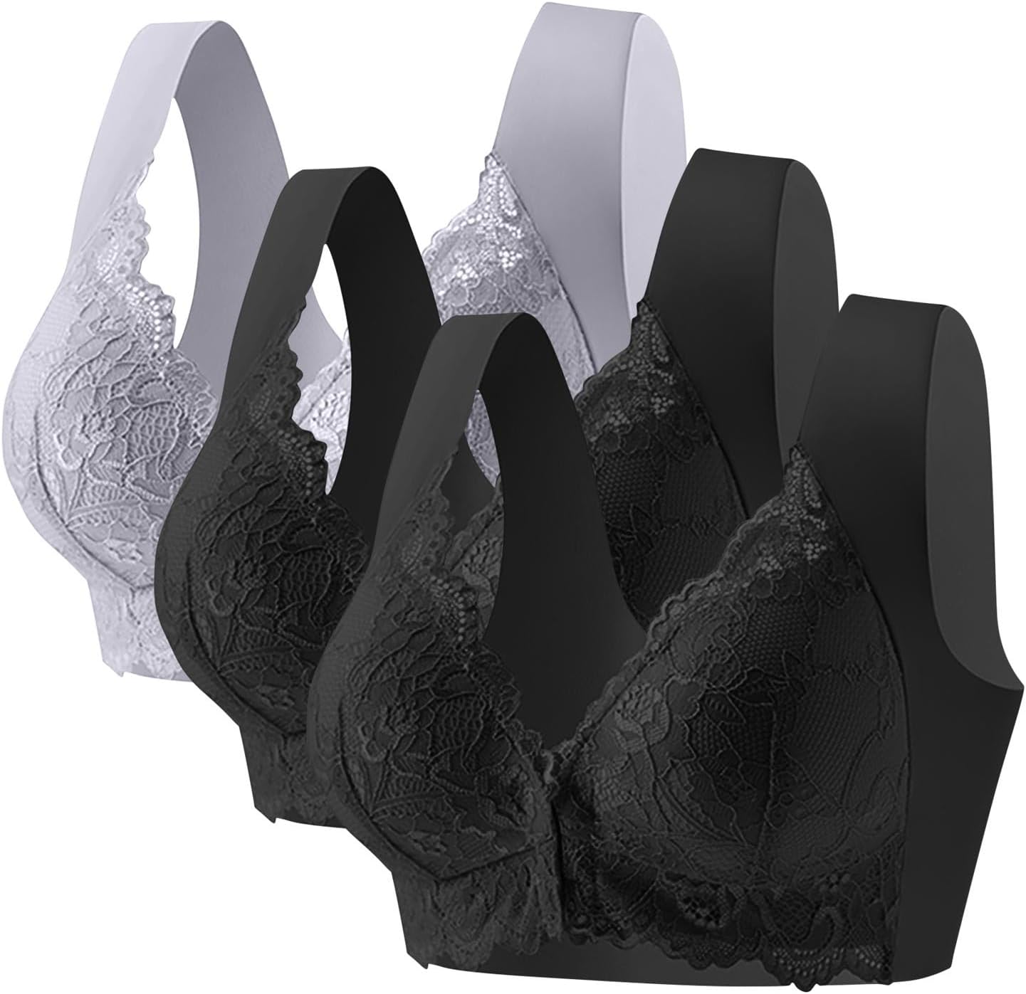 3pcs Set Wireless Bras for Women Plus Size Lace Front Closure Comfy Breathable Full Coverage Support Everyday Bra