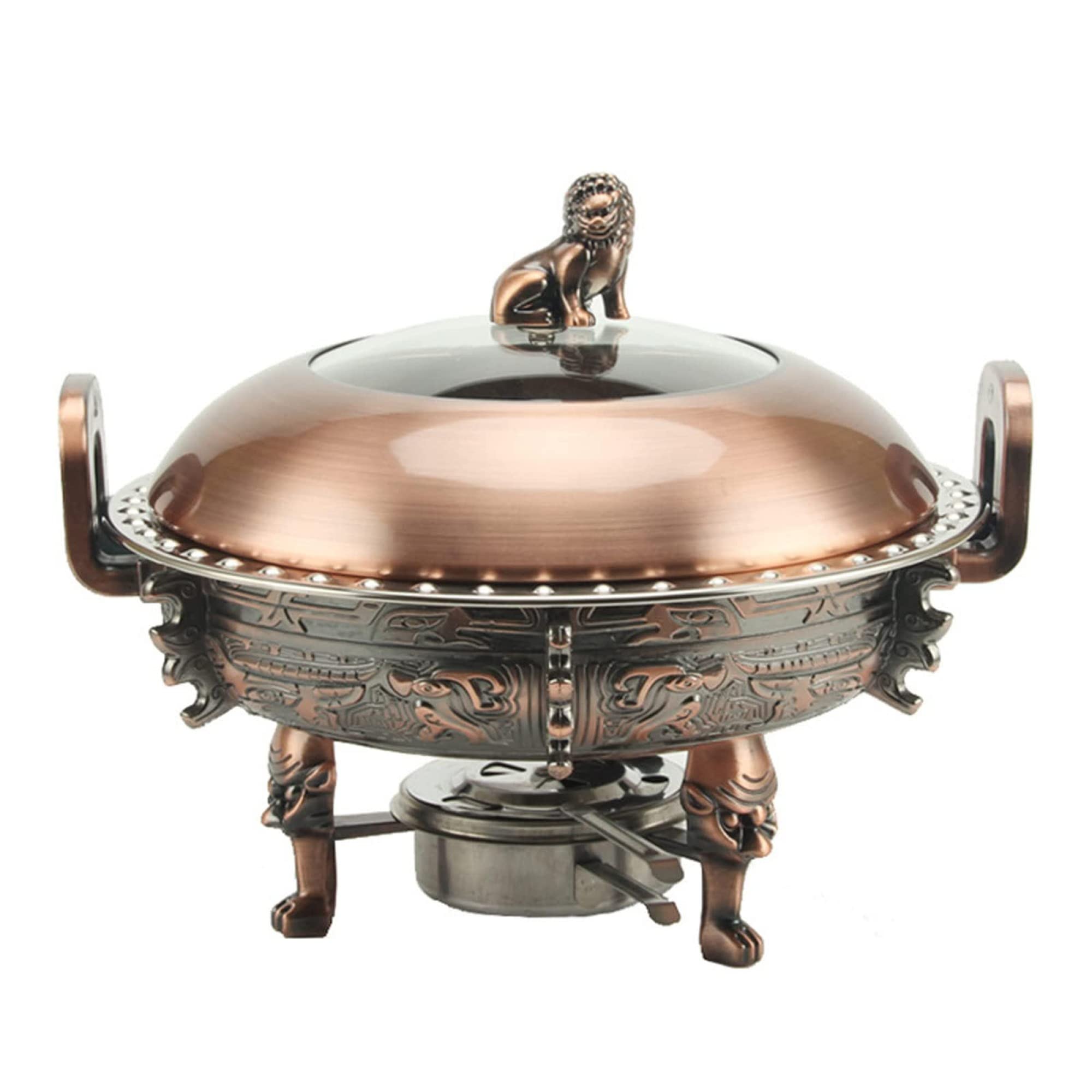 Calentador de Plato Redondo de Acero Inoxidable para bufé de Catering con bandejas, Soporte de Aluminio, Tapa Visible y Soportes para Combustible.