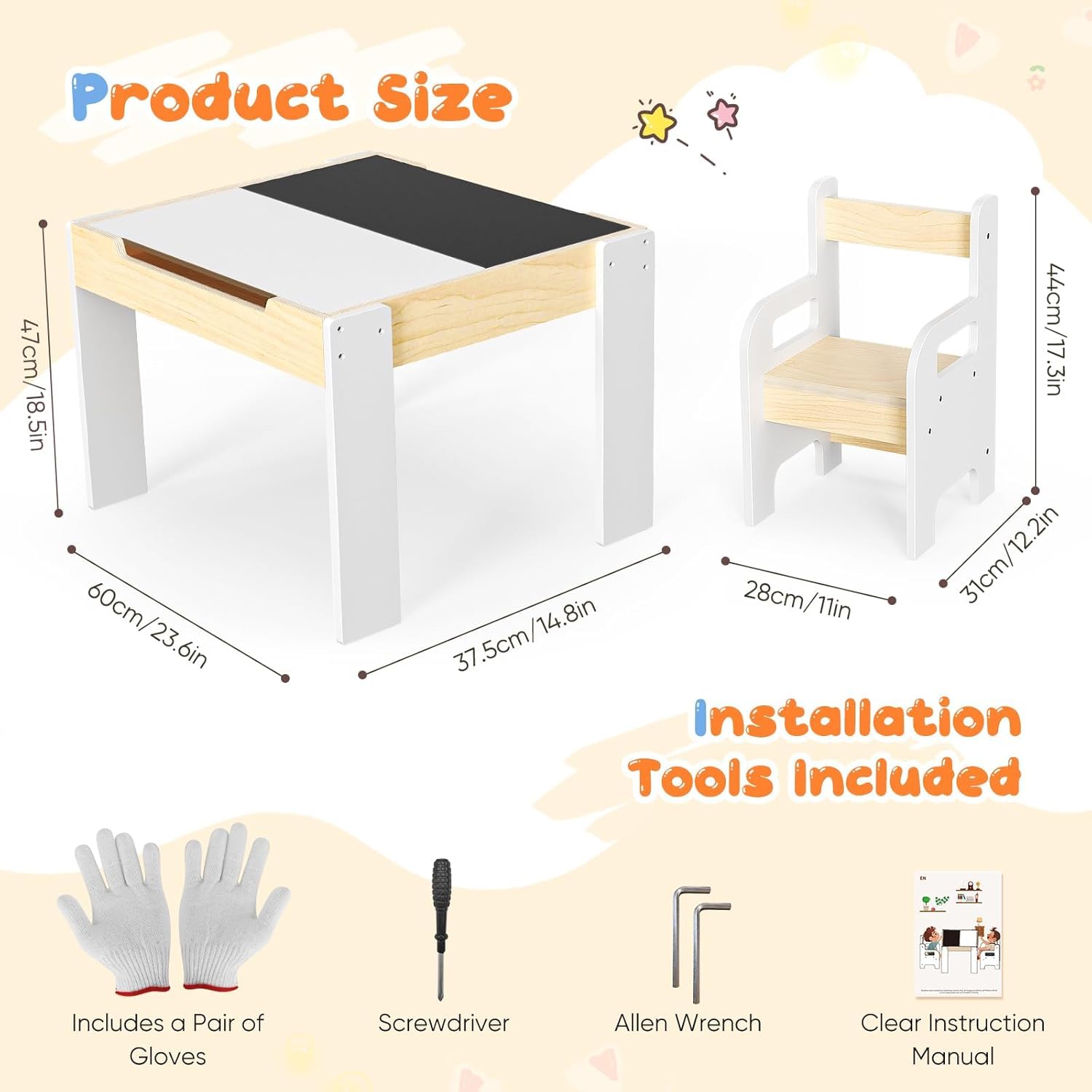 Conjunto de mesa y silla para niños, mesa y silla para leer comer jugar y jugar y jugar fácil de montar con bandeja reversible y extraíble y espacio de almacenamiento para niños de 1 a 3 años