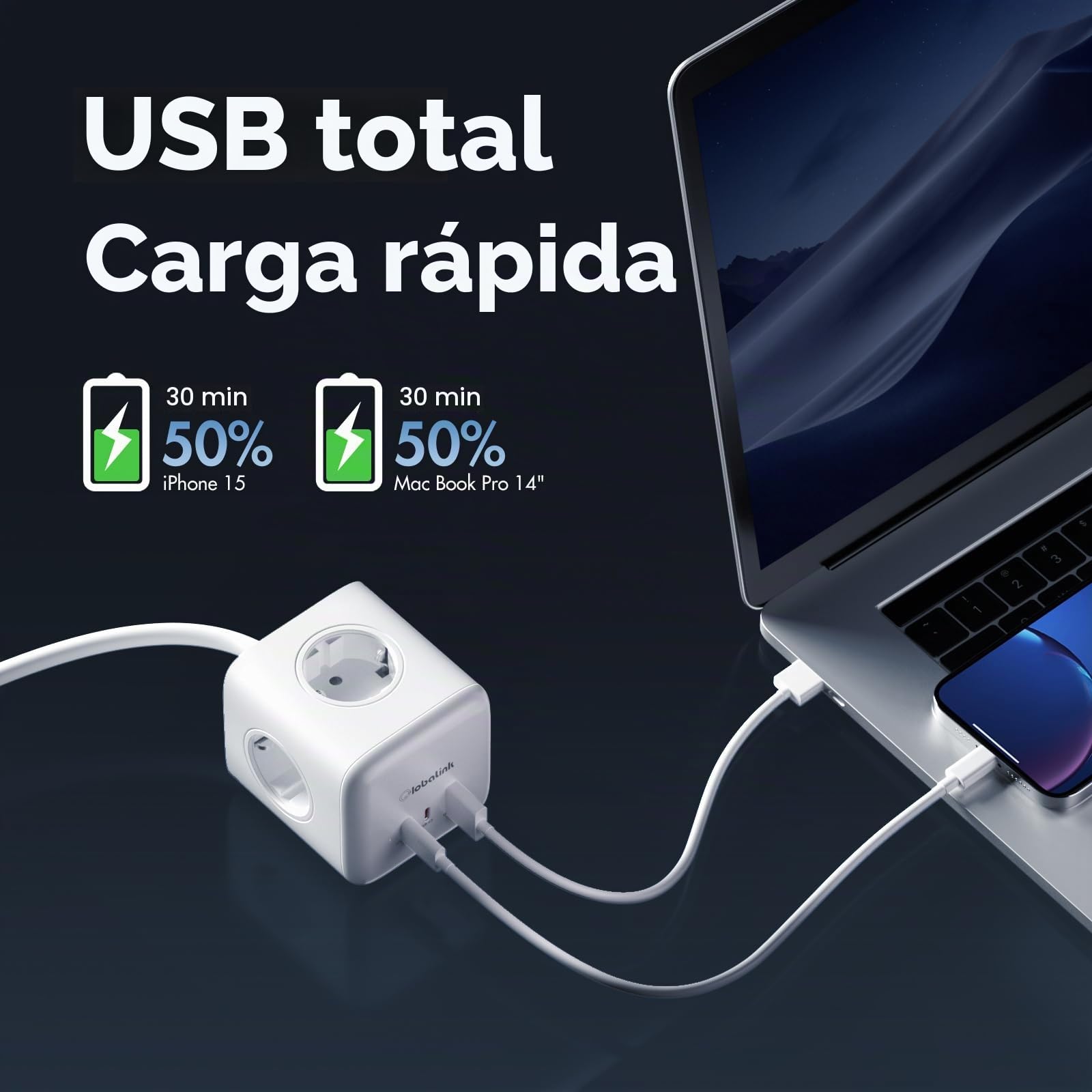 GlobaLink Cubo Regleta Enchufes con USB, 65w GAN Ladron Enchufes - 1,5 m