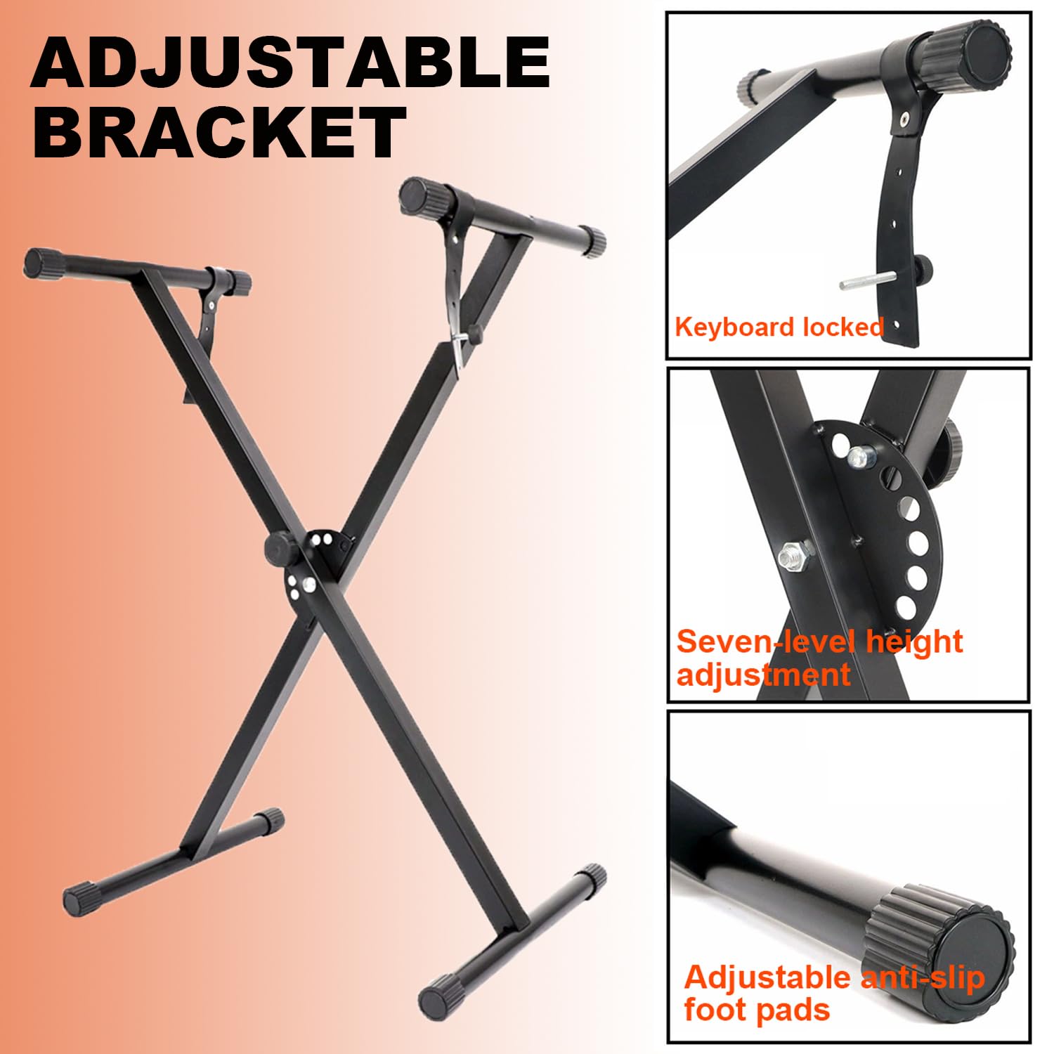 Taburete de Piano y Soporte para Teclado, soporte teclado piano， Juego de Taburete para Piano Plegable, X Ajustable en 7 Alturas，Teclado Acolchado Ajustable en 4 Alturas