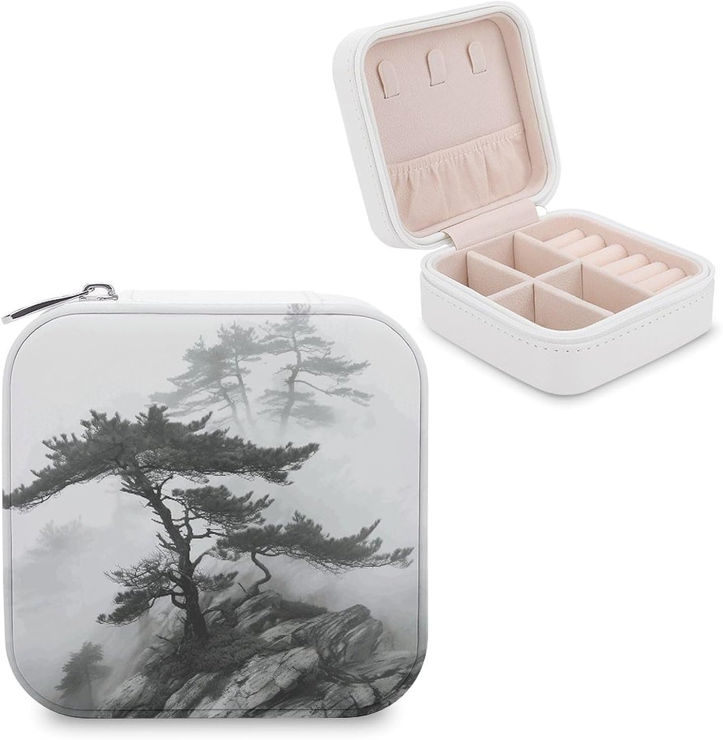 PU Leather Storage Box,Foggy Mountain Pine Tree Printed Portable Jewelry Box Mini Travel Storage Box Women's Jewelry Storage Rack for Necklace Earrings Bracelets Rings