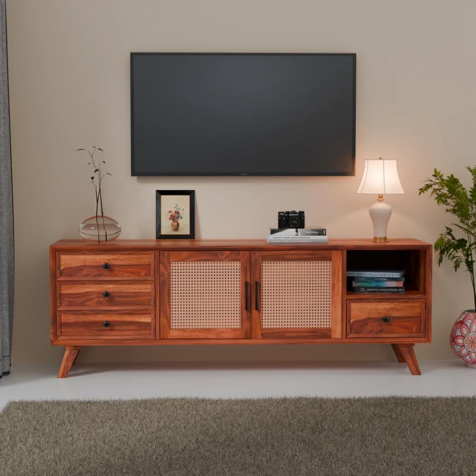 Image of Premium Solid Wood, 10 Minutes Assembly (Legs Only), Aesthetic Rattan Doors, Mid Century Entertainment Center for Living Room, TV Stand for 65 inch TV, Dark Chocolate (Honey TK-27)