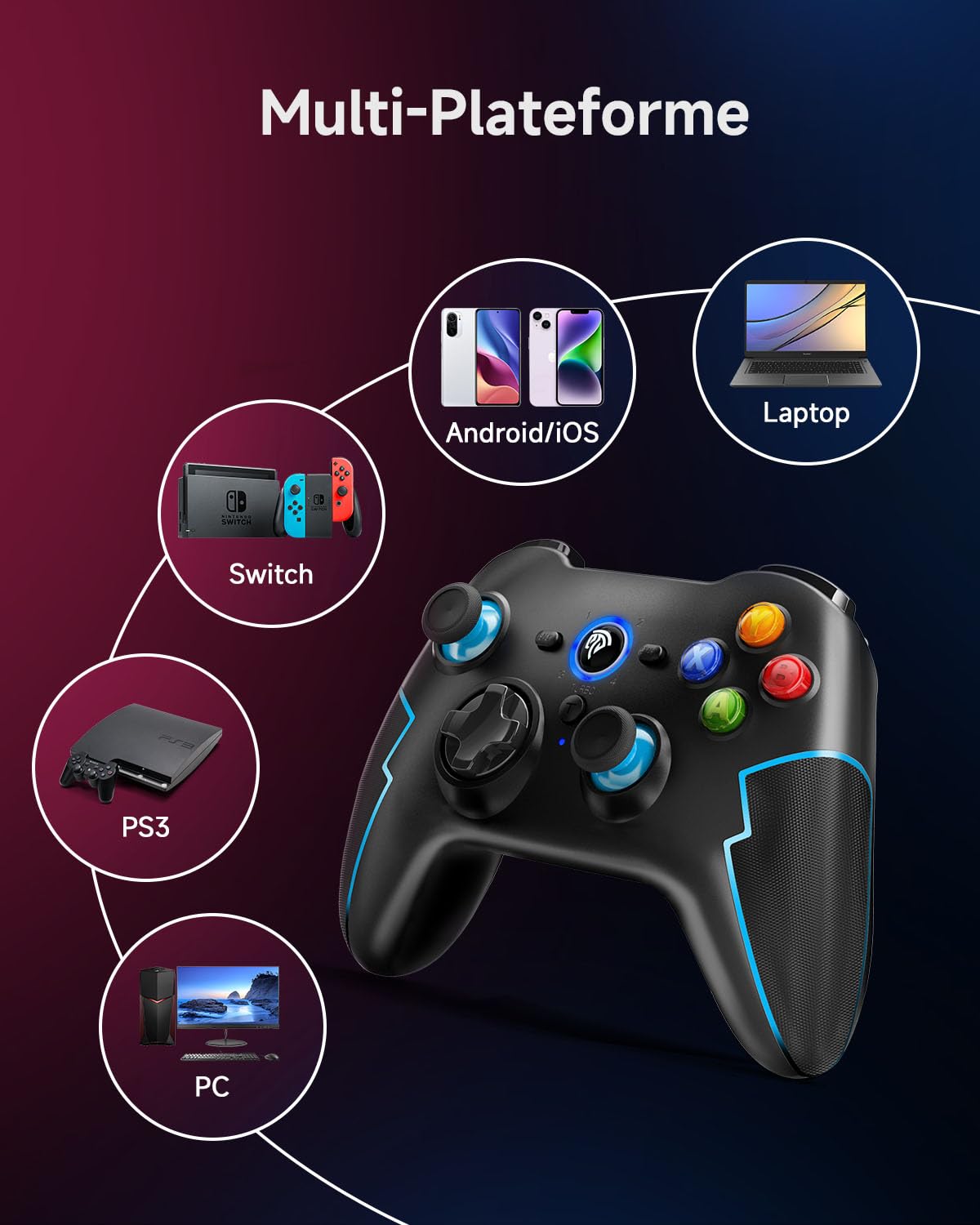 EasySMX Manettes PC PS3 sans Fil Rechargeable, 9013PRO Manette Switch Pro sans Fil Bluetooth, Manette PC pour Téléphones Android iOS, Android TV Box et Tesla, Noir Bleu
