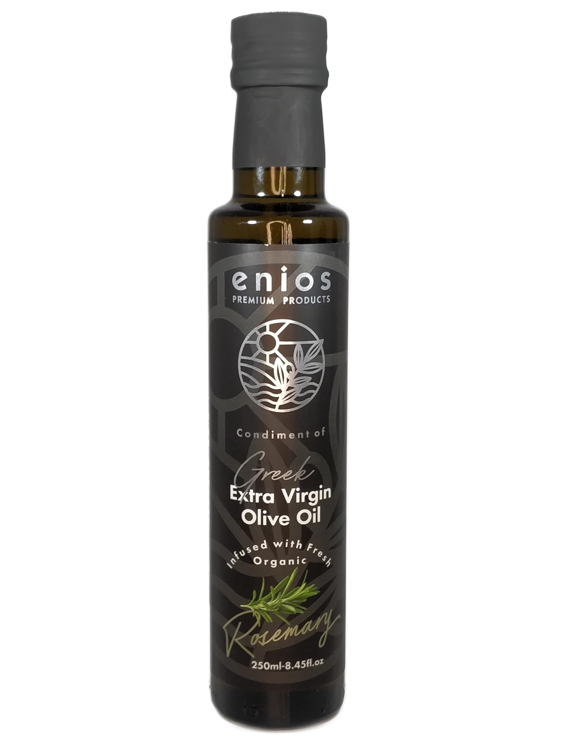 Enios Rosemary Infused Greek Extra Virgin Olive Oil 250ml. 100% Natural. No flavourings. No preservatives. No essential oils. No chemicals. No floating 'bits'. Absolutely nothing artificial!