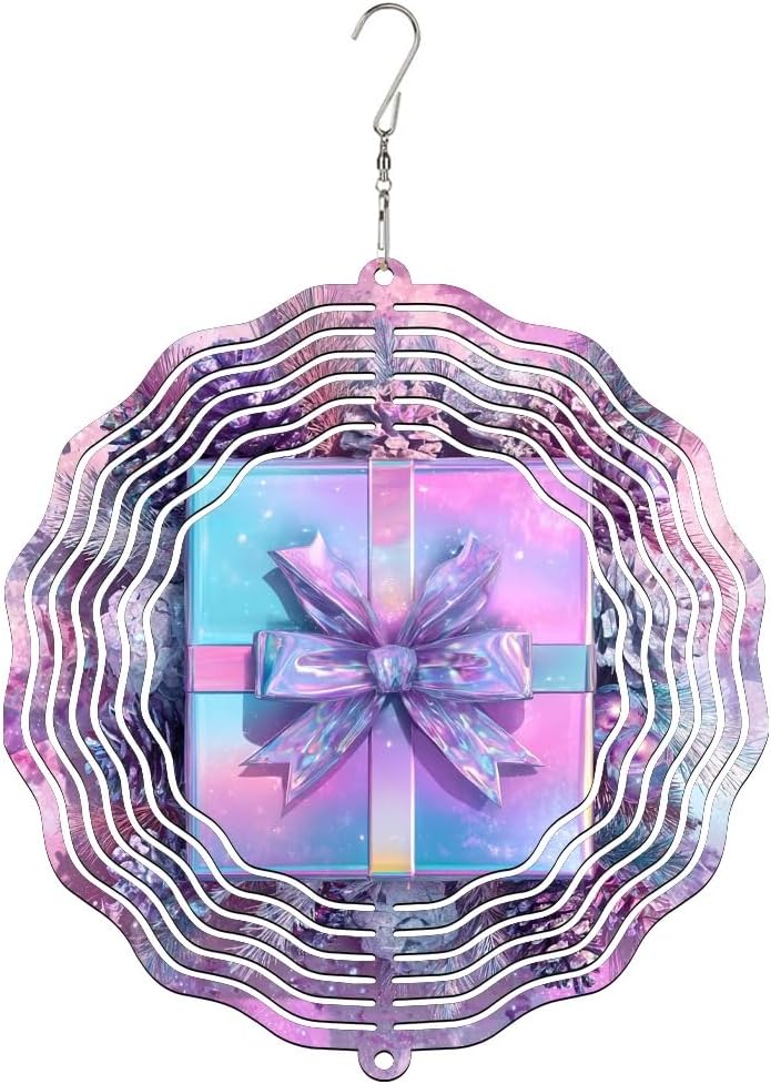 Gift Box Wind Spinner, Festive Fanciful Bow Ribbons Holiday Peach Metal Outdoor Color Changing Wind Sculptures Gifts for Garden Patio Porch Balcony Home Decor 12 Inch