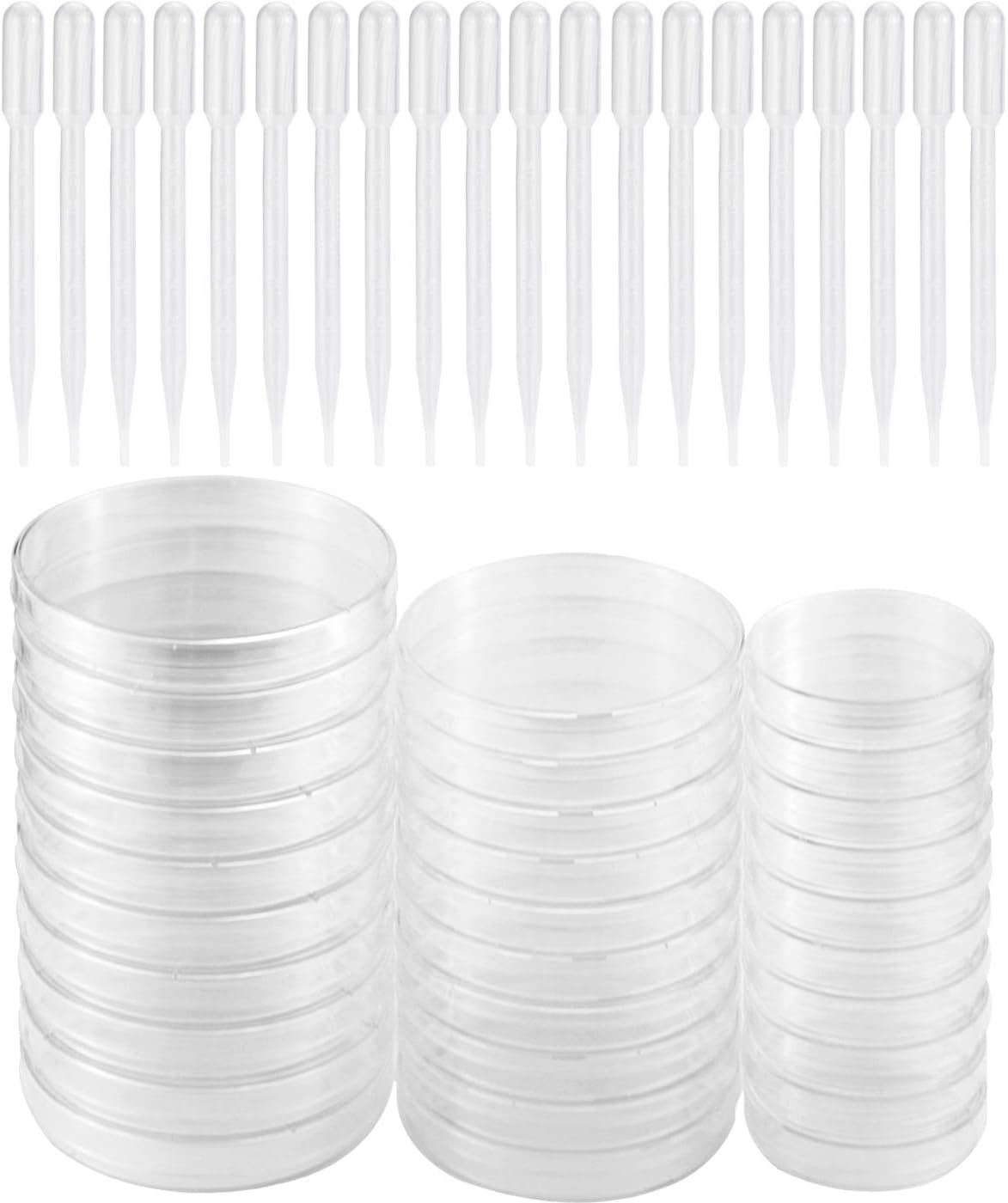UPlama 30PACK Petri Dish Set with Lids, 10PACK 90mm x 15mm/10PACK 60mm x 15mm/10PACK 100mm x 16mm Sterile Plastic Petri Dish Set with 100 Plastic Transfer Pipettes (3ml) Perfect Kit