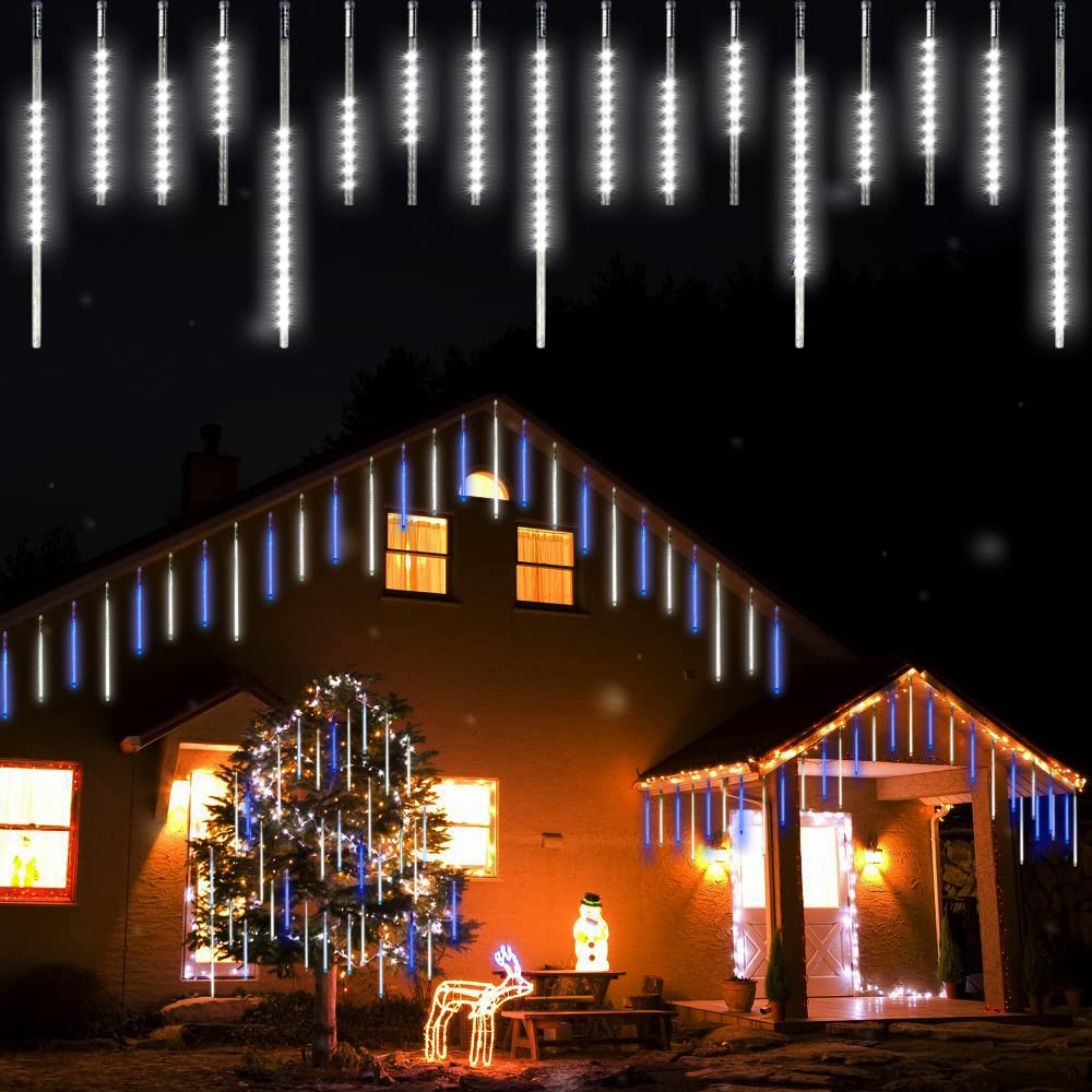 VikdioMeteor Shower Rain Lights, 20 Spiral Tubes 6.65m Lit Length 50-30cm 720 LEDs Waterproof Snowfall LED Lights for Wedding Christmas Garden Tree Home Decor, Support 2 Sets Connected (White)