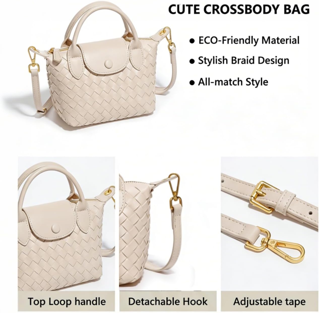 Small Vegan Leather Crossbody Bags For Women, Mini Woven Dumpling Handbag, Cute Top... - Image 6